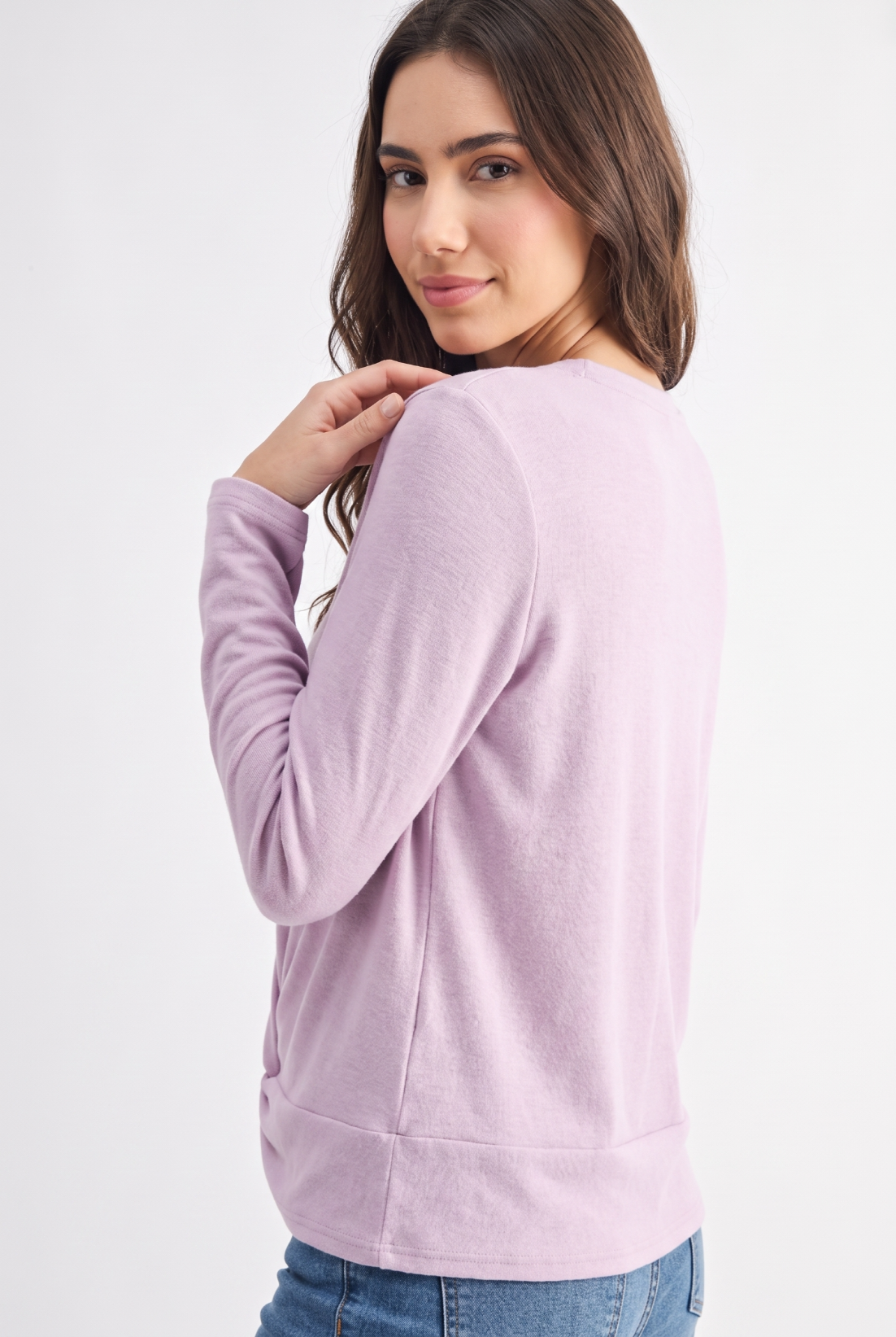 C12080AT Twist Knot Long Sleeve Top: LAVENDER / S-M-L (2-2-2)