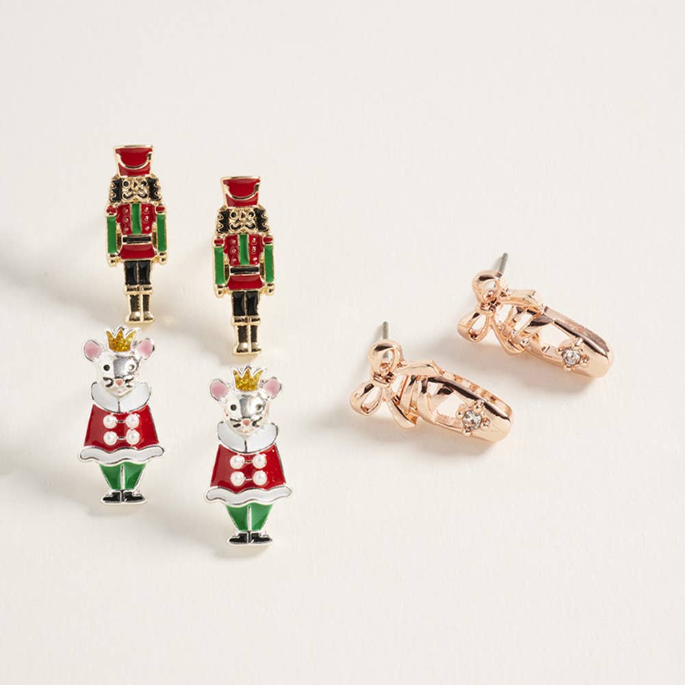 3Pairs - Nutcracker Soldier Mouse King Ballet Shoe Stud Earring Set: Red