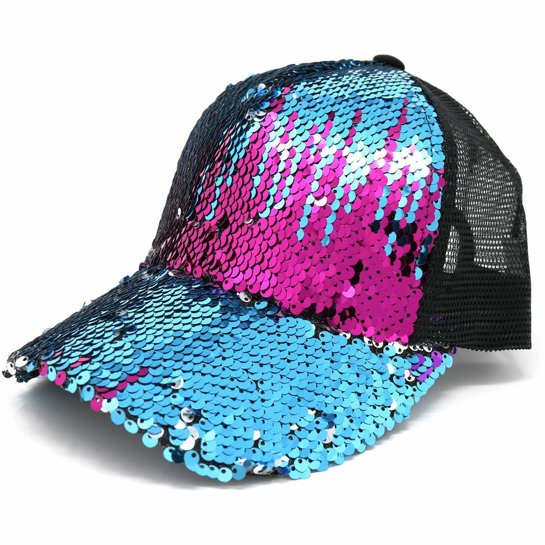 Sequin Mesh Back High Ponytail CC Ball Cap BT723: Hot Pink Multi/Silver/Black
