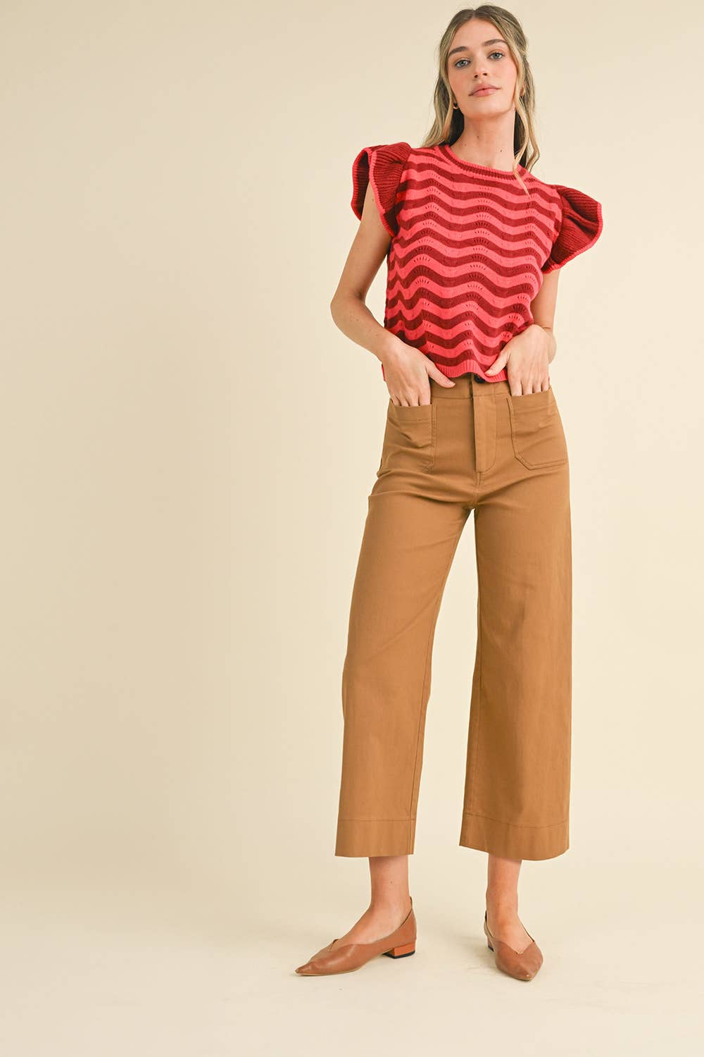 HIGH WAIST CROPPED WIDE LEG PANTS MP3303: Berry Pink / S