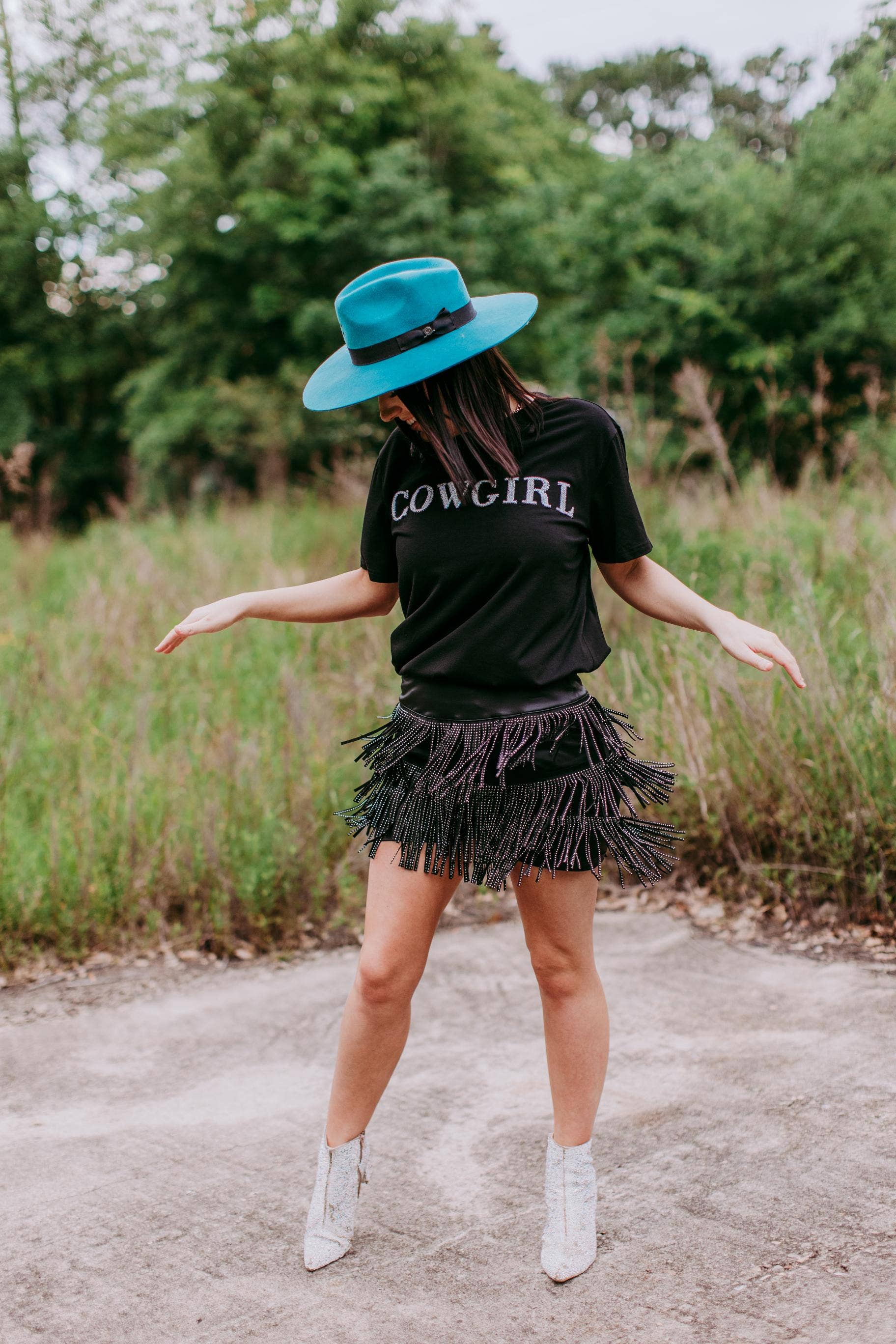 Cowgirl Sequins engraved white 3D embroidery Tee: Black