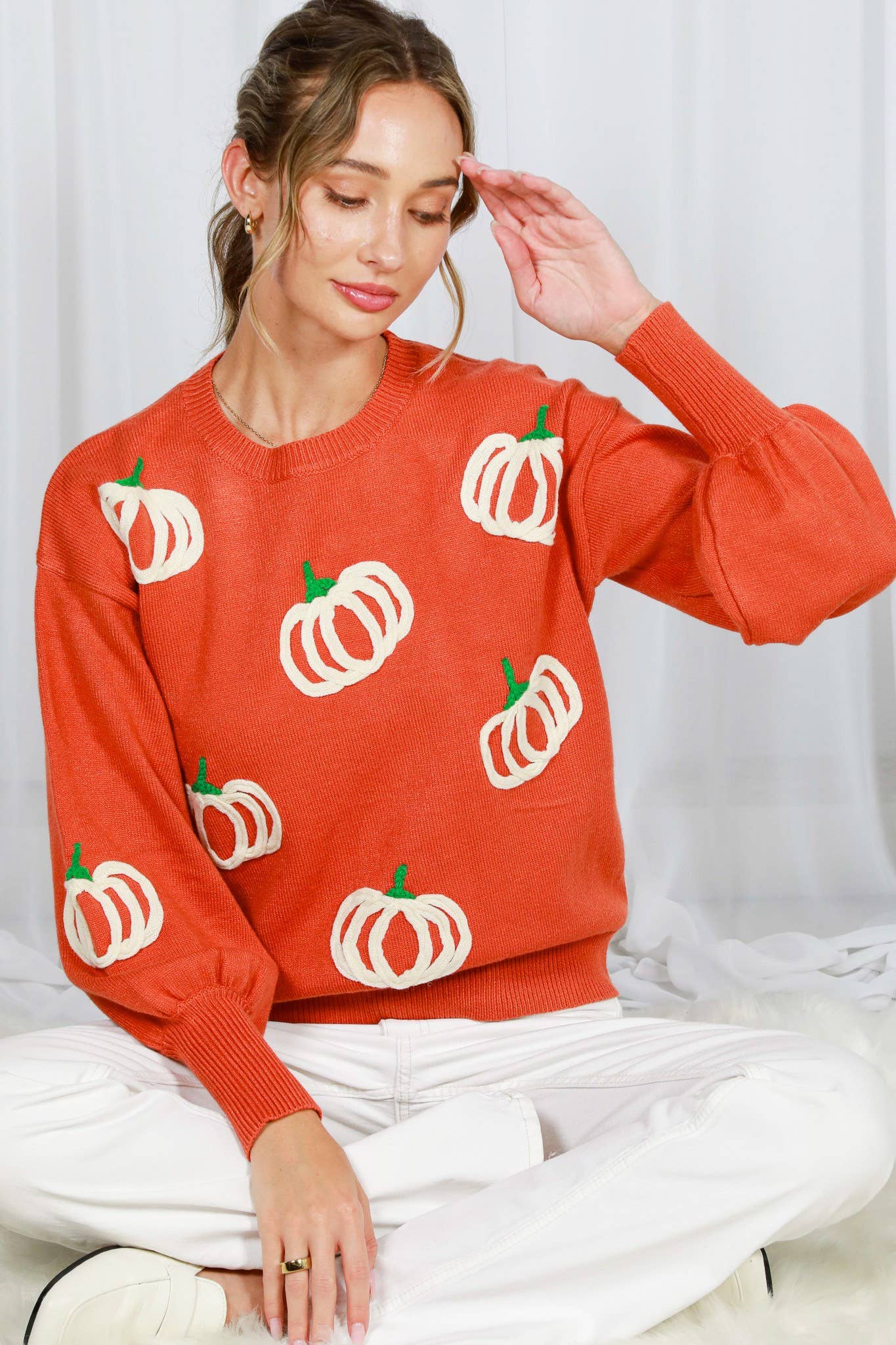 Pumpkin Embroidered Crew Neck Knitted Sweater Top VT82559: Pumpkin / L
