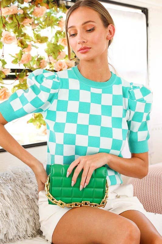 Crew Neck Short Puff Sleeve Checkerboard Sweater Top VT81345: RUST / S