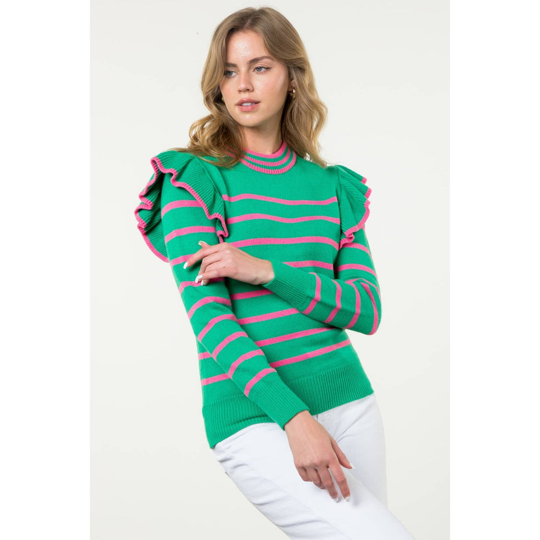 Flutter Detail Striped Sweater: GREEN / M