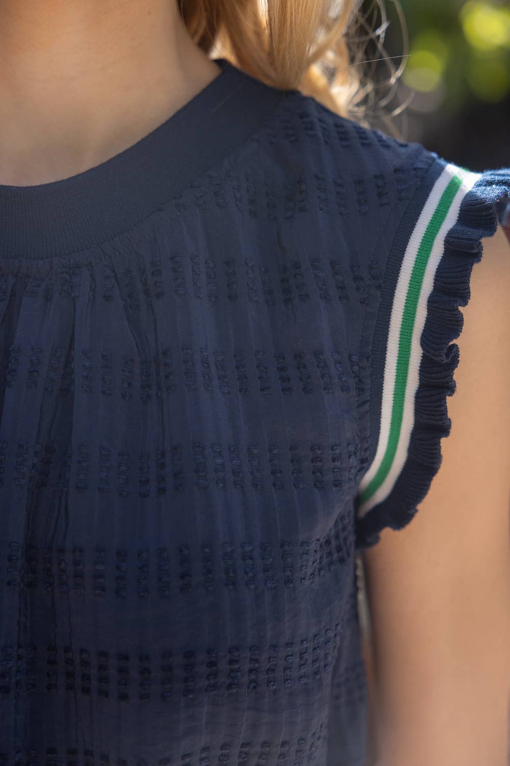 VOY Stripe Elastic Band Detailed Textured Dress: Navy / MEDIUM