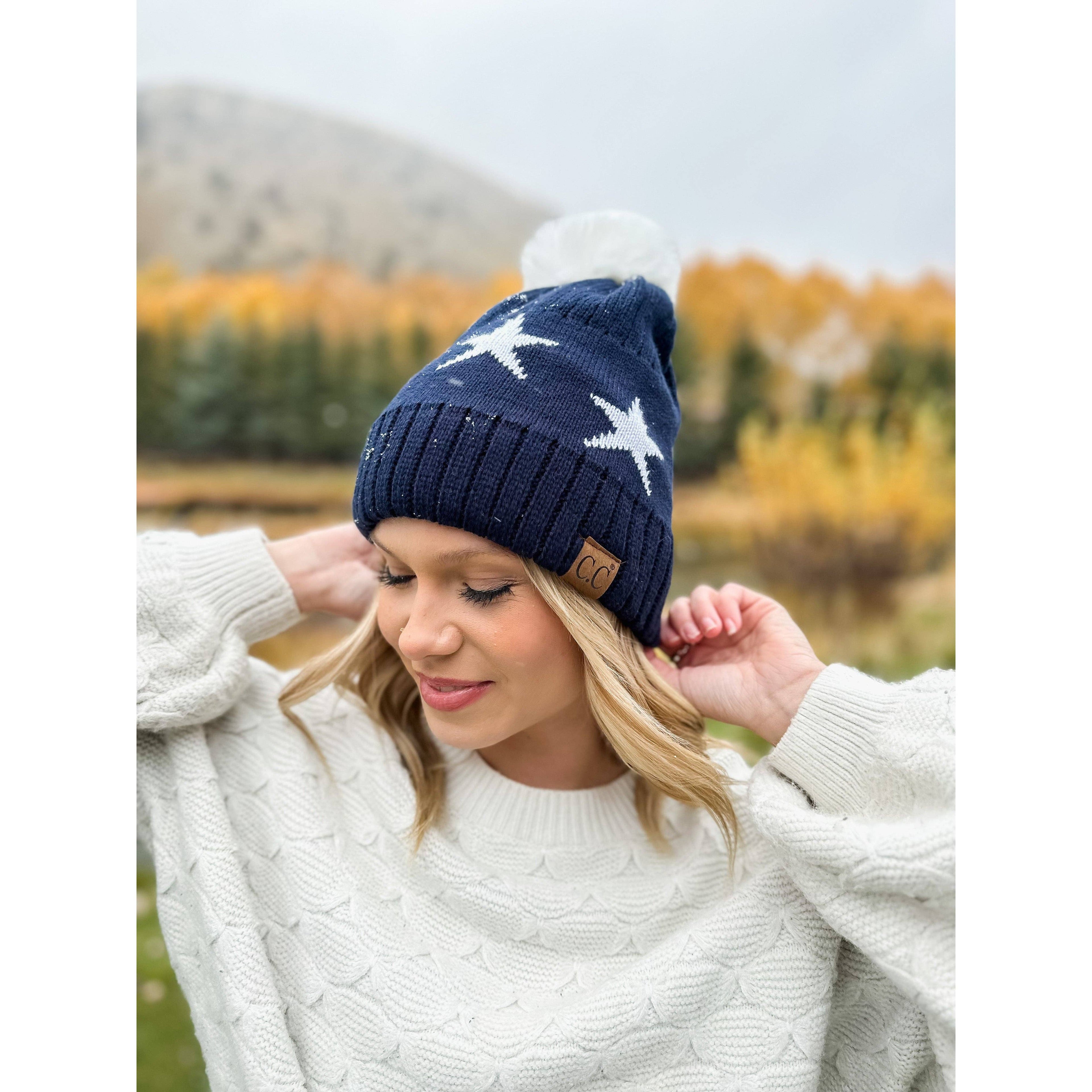 Star Print Pom C.C Beanie HAT4023: White
