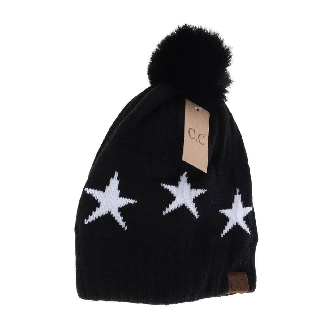 Star Print Pom C.C Beanie HAT4023: White