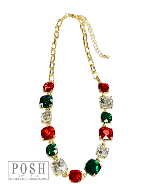 Square rhinestone and chain necklace: Pink