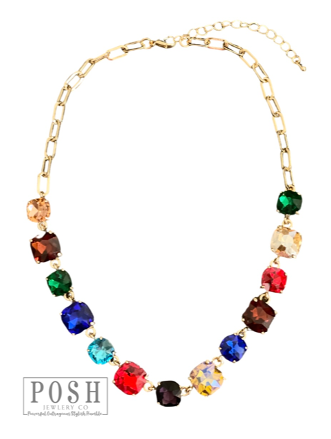 Square rhinestone and chain necklace: Pink