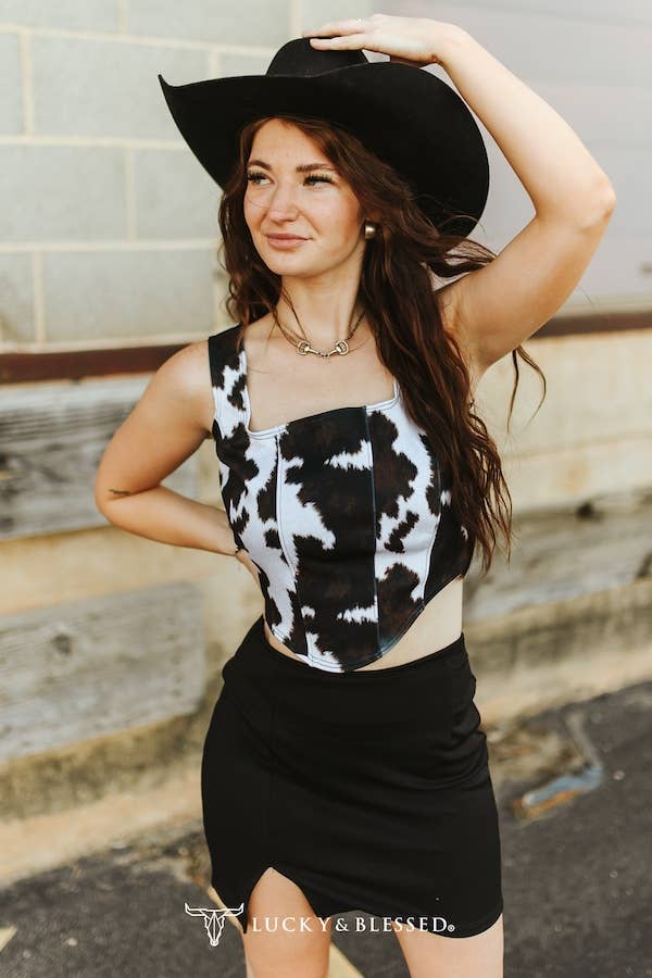 Brown Cow Printed Thick Strap Corset Top Lucky & Blessed