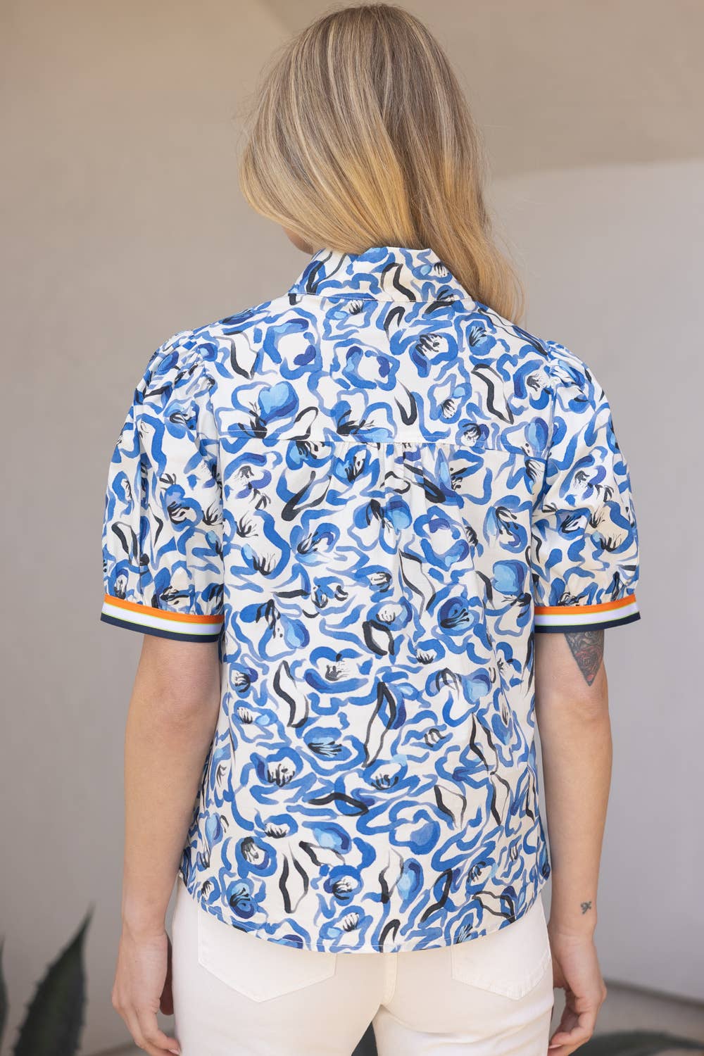 35376 Abstract Floral Striped Contrast Band Top: Blue / M
