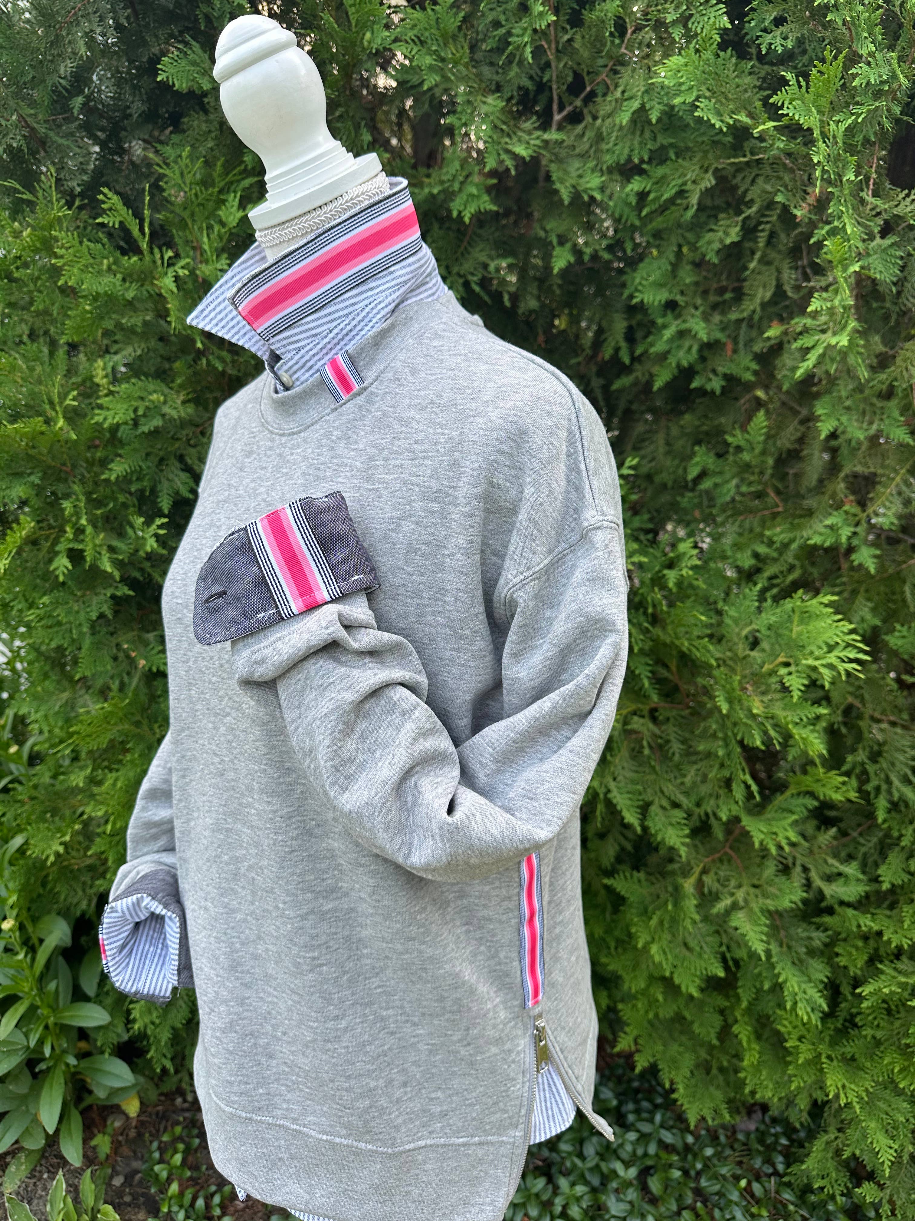 Danny Sweatshirt by Pearly Vines - Grey w Black, Coral & Pink Stripe Ribbon: Grey w Black Coral & Pink Stripe Ribbon / S (4-6) sweatshirt only