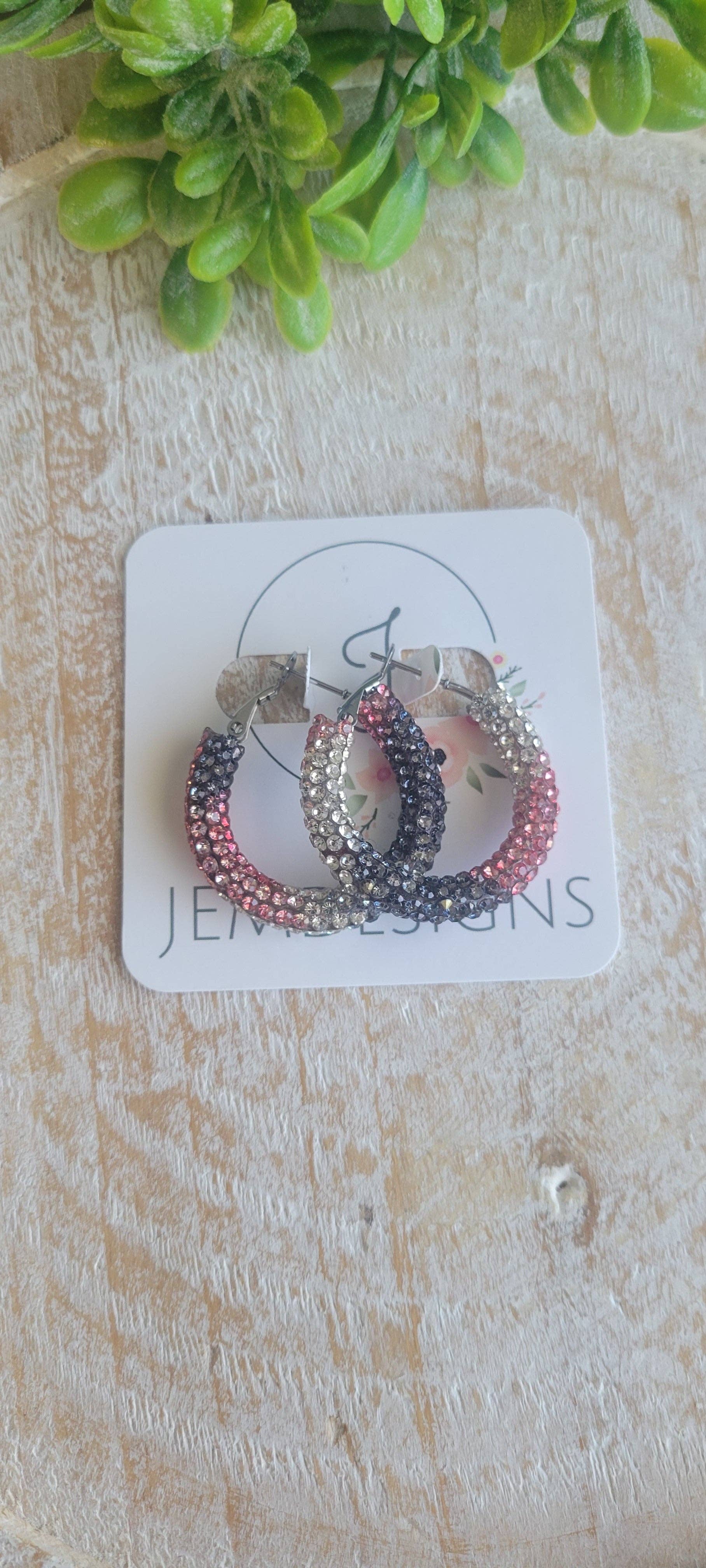 Pink and Black Rhinestone Hoop Earrings: Small