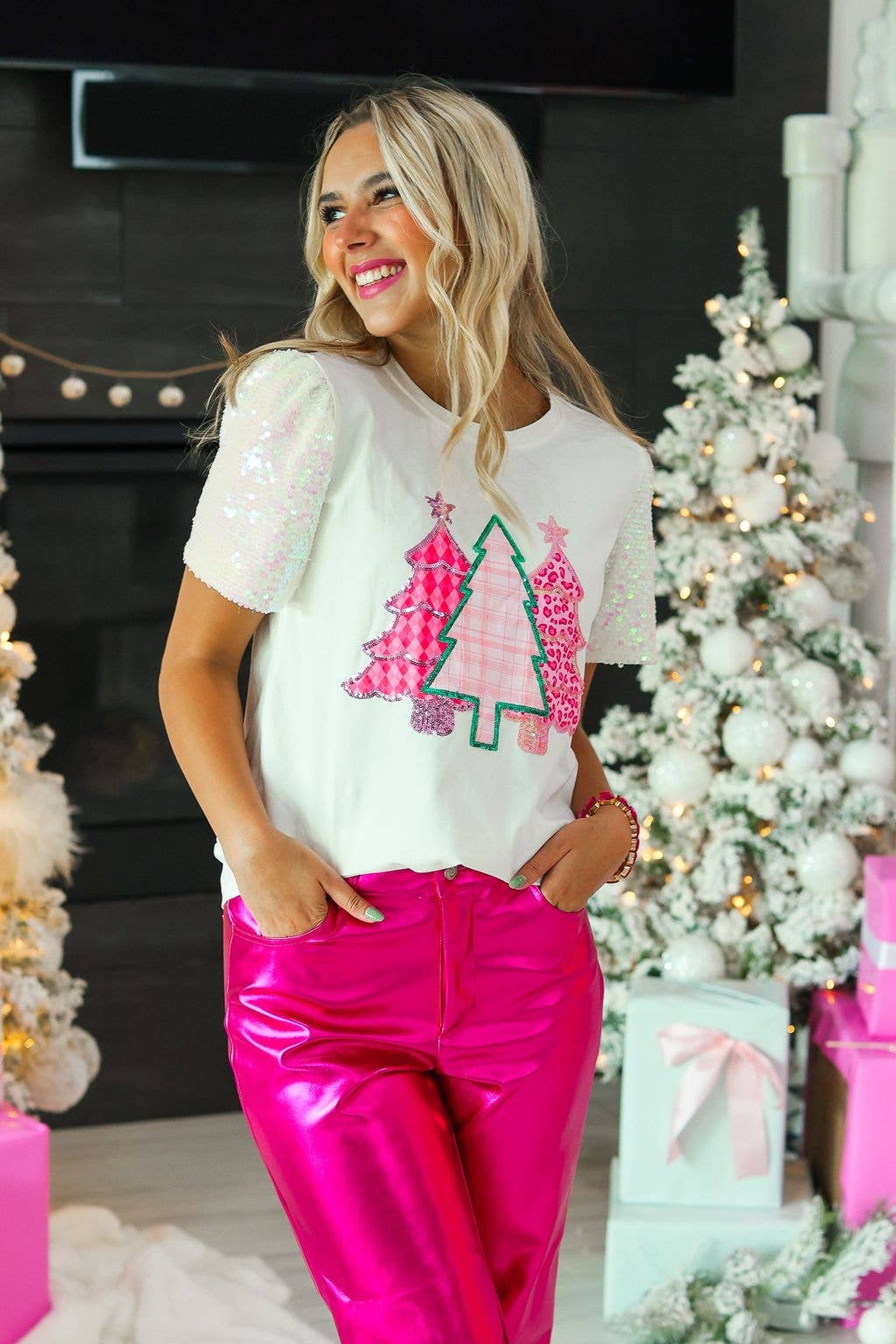 Sequin Trees on White Sequin Sleeve Top: White / M