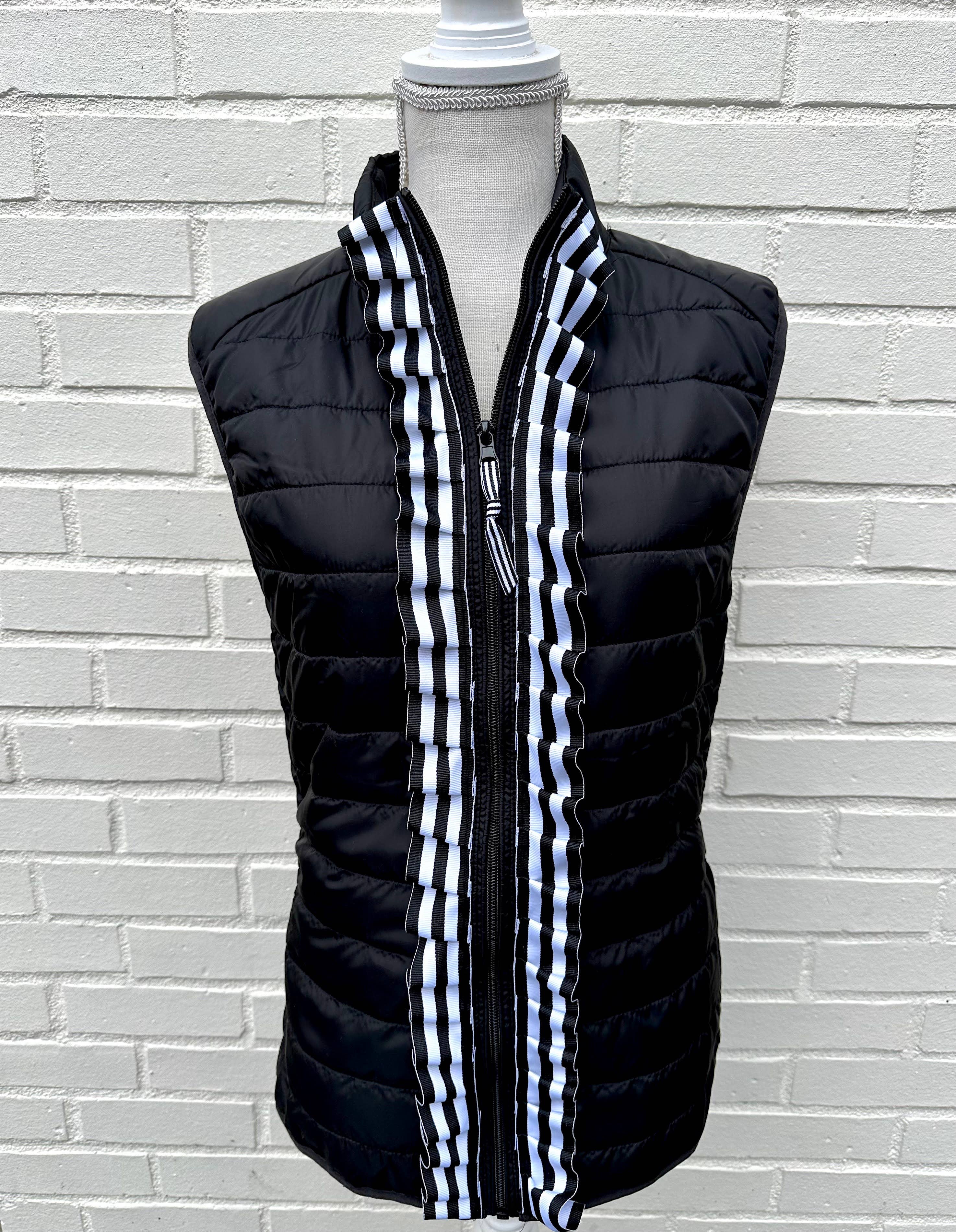 Maggie May Ruffle Puffer Vest - Black w Black & White Ribbon: Black w Black White Stripe Ruffle Ribbon / Small