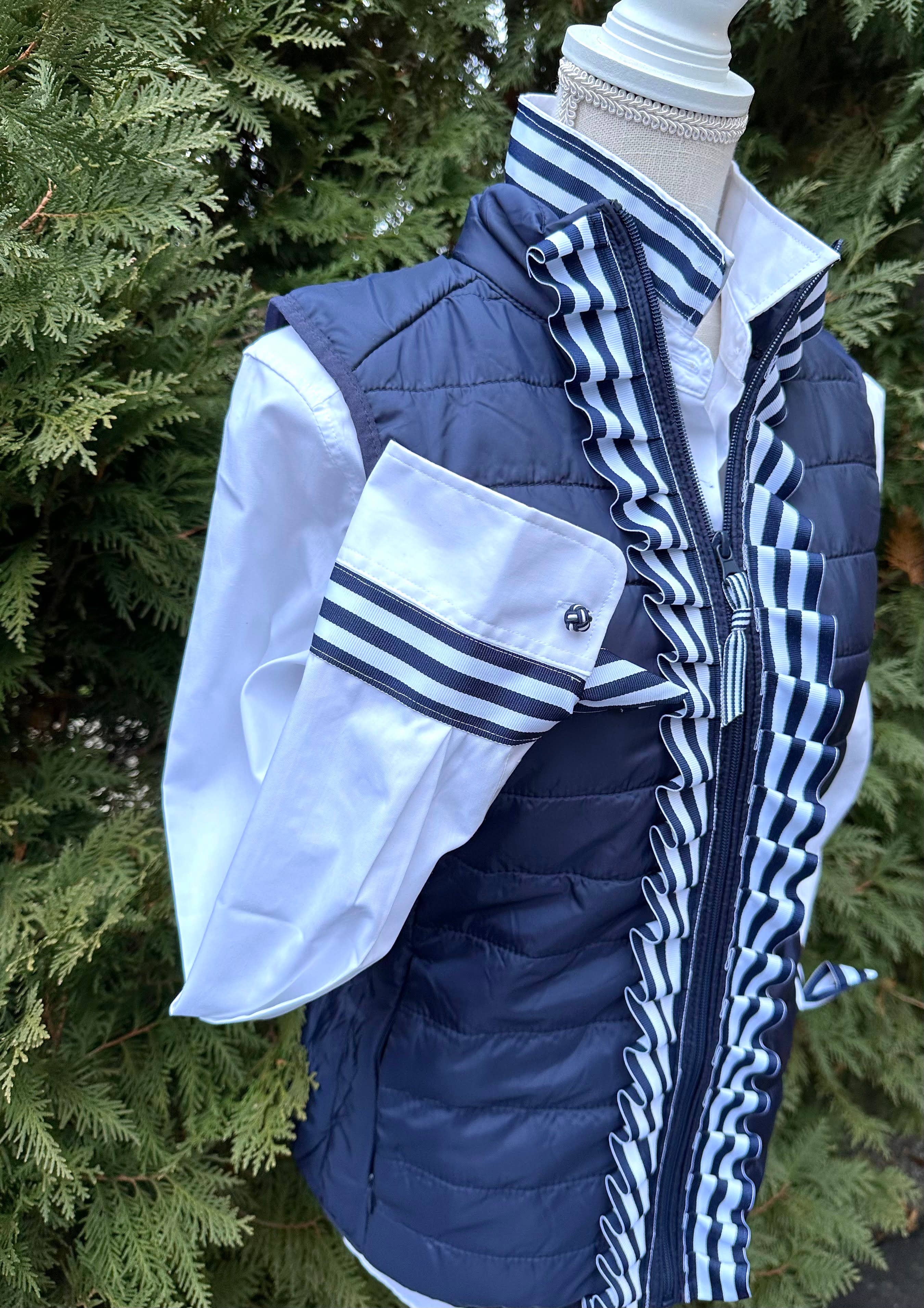 Maggie May Ruffle Puffer Vest - Navy w Navy & White Ribbon: Navy w Navy White Stripe Ruffle Ribbon / M