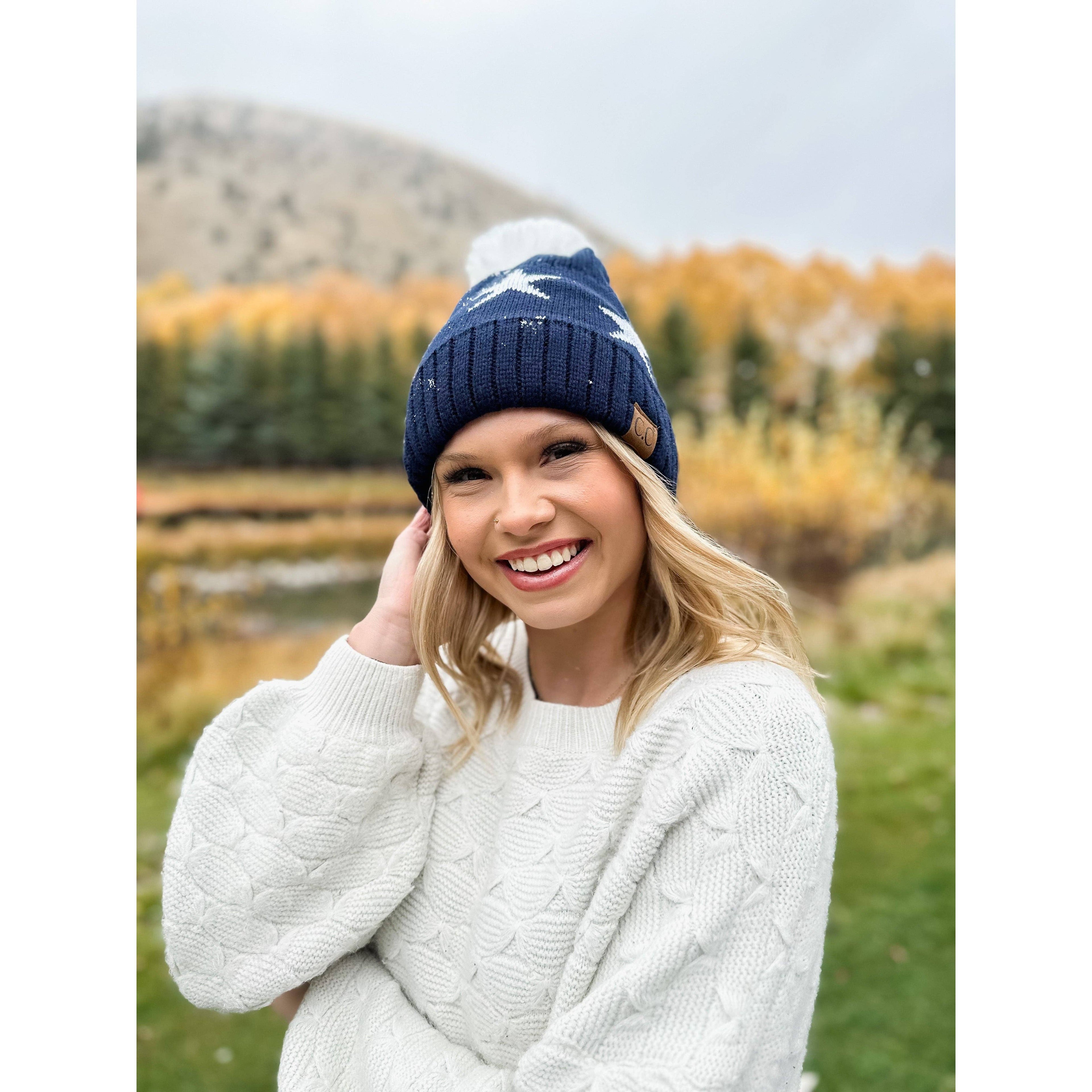 Star Print Pom C.C Beanie HAT4023: White