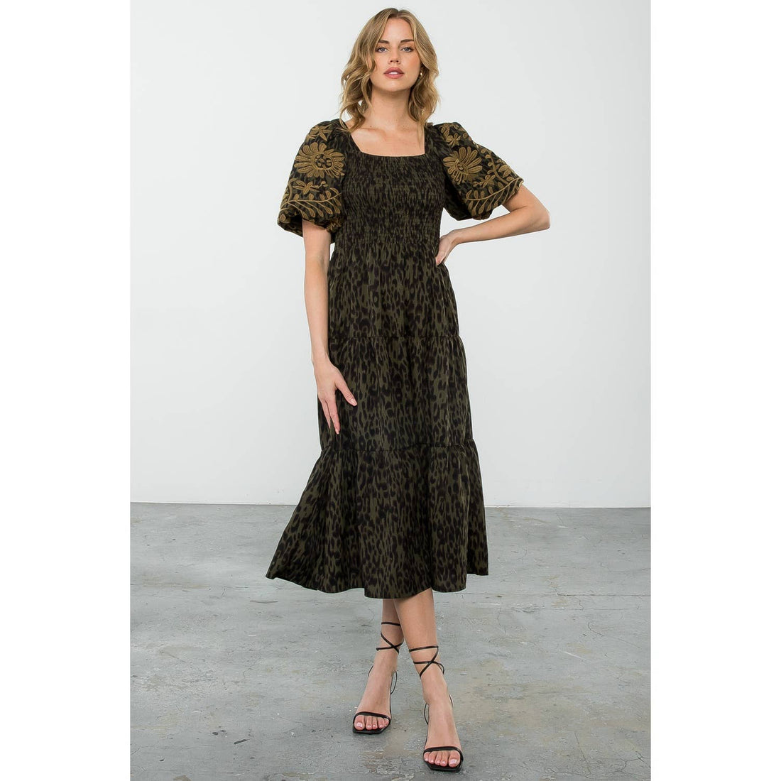 Olive Puff Sleeve Cheetah Print Midi Dress with Tiers: OLIVE