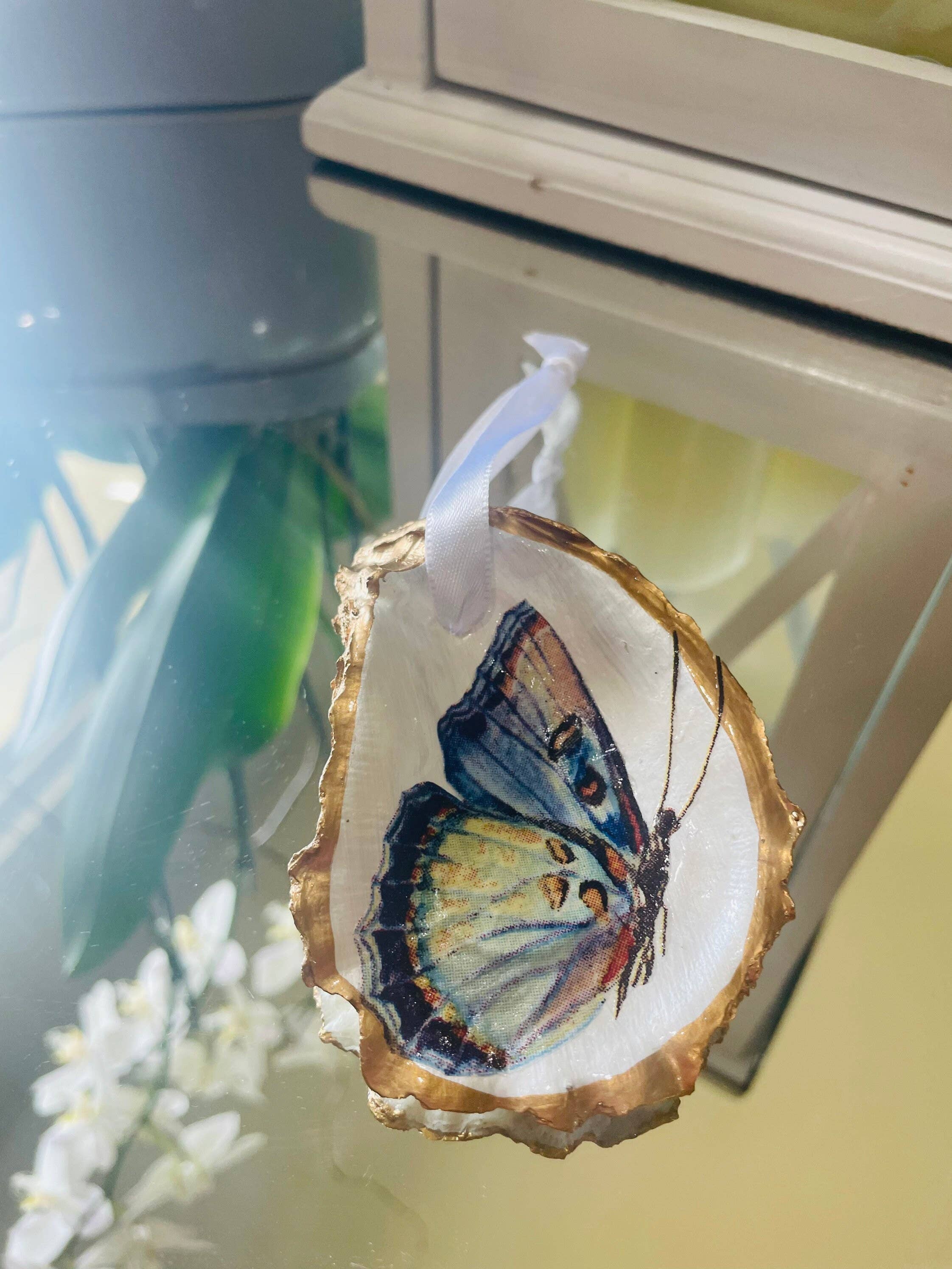 Decoupaged Butterfly Ornament, Butterfly Ornament, Oyster Shell Ornament, Christmas Ornament, Butterfly Art