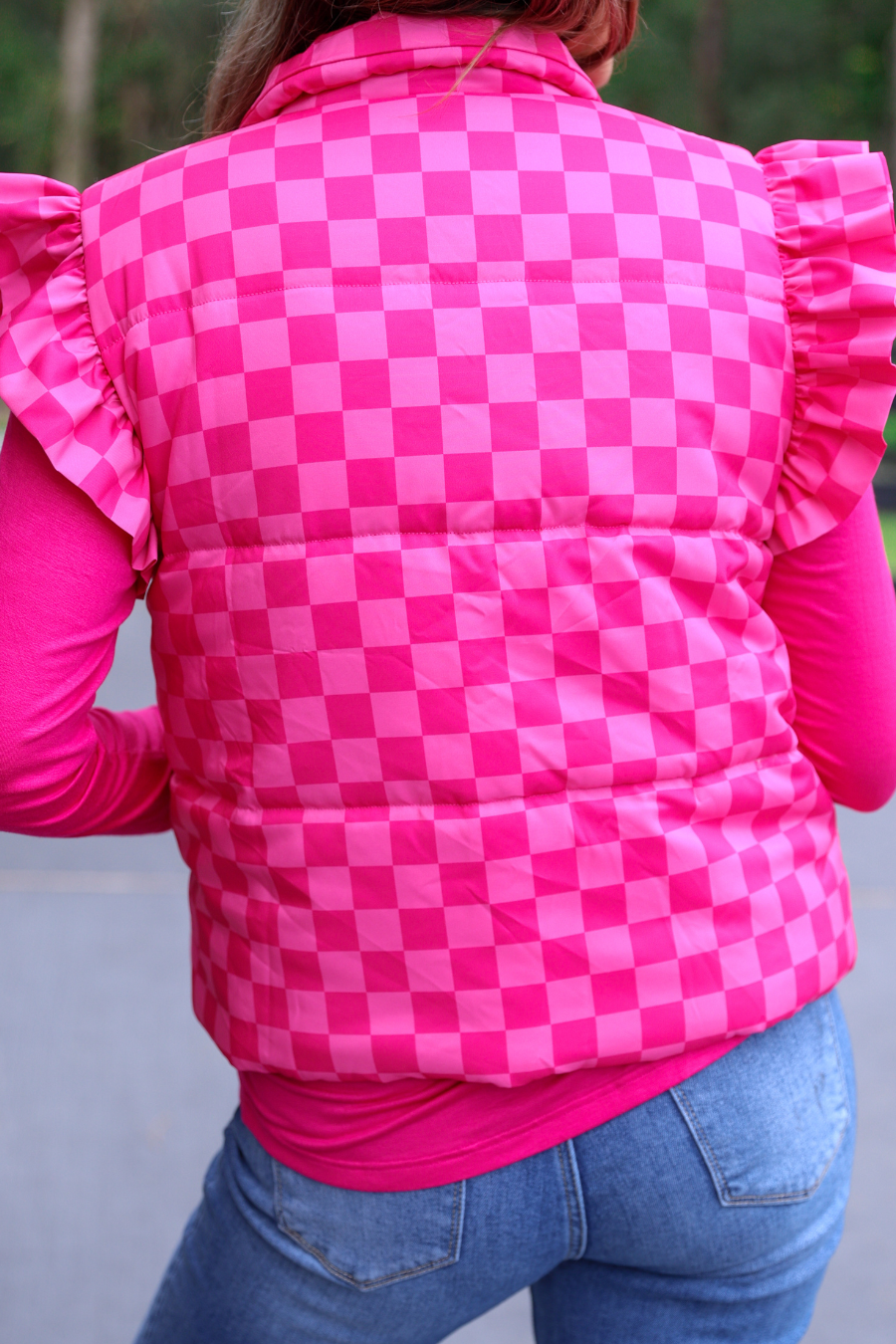 Caroline Checkered Puffer Vest: Pink