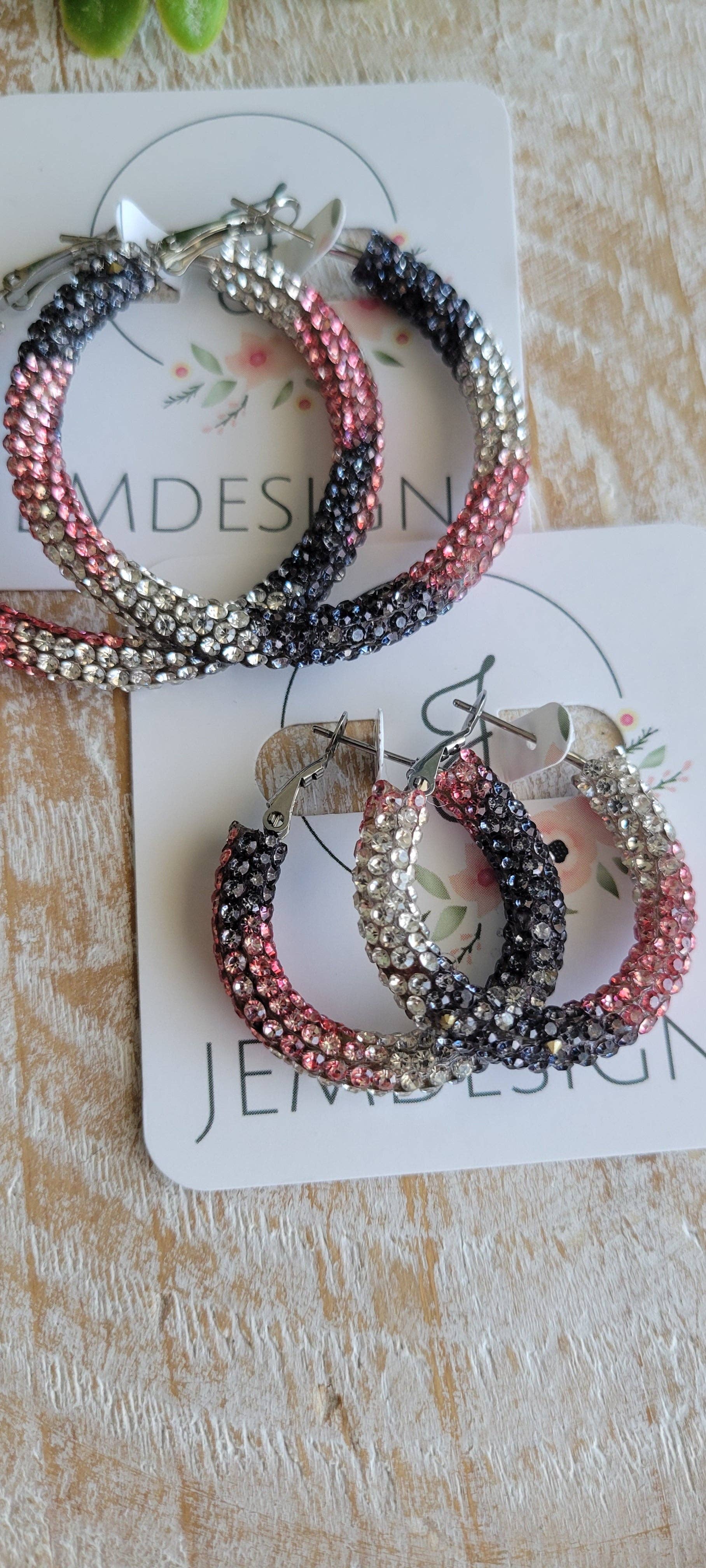 Pink and Black Rhinestone Hoop Earrings: Small