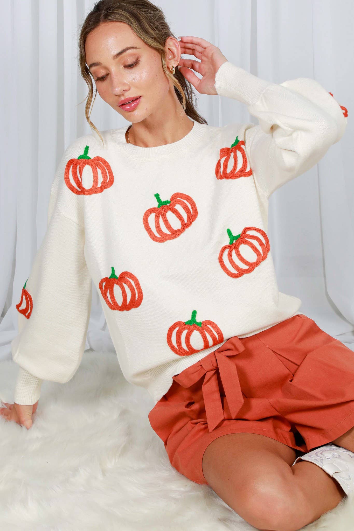 Pumpkin Embroidered Crew Neck Knitted Sweater Top VT82559: Pumpkin / L