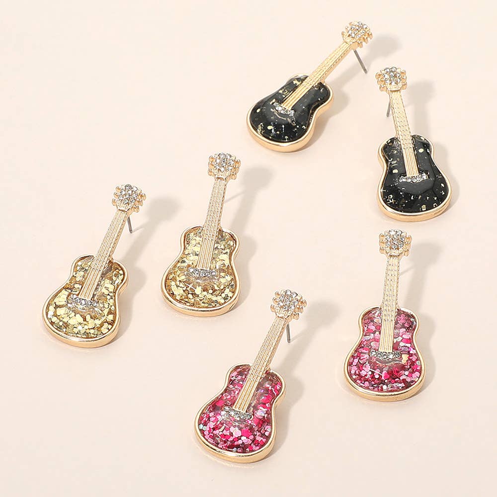 Glittered Guitar Earrings: Black,Gold