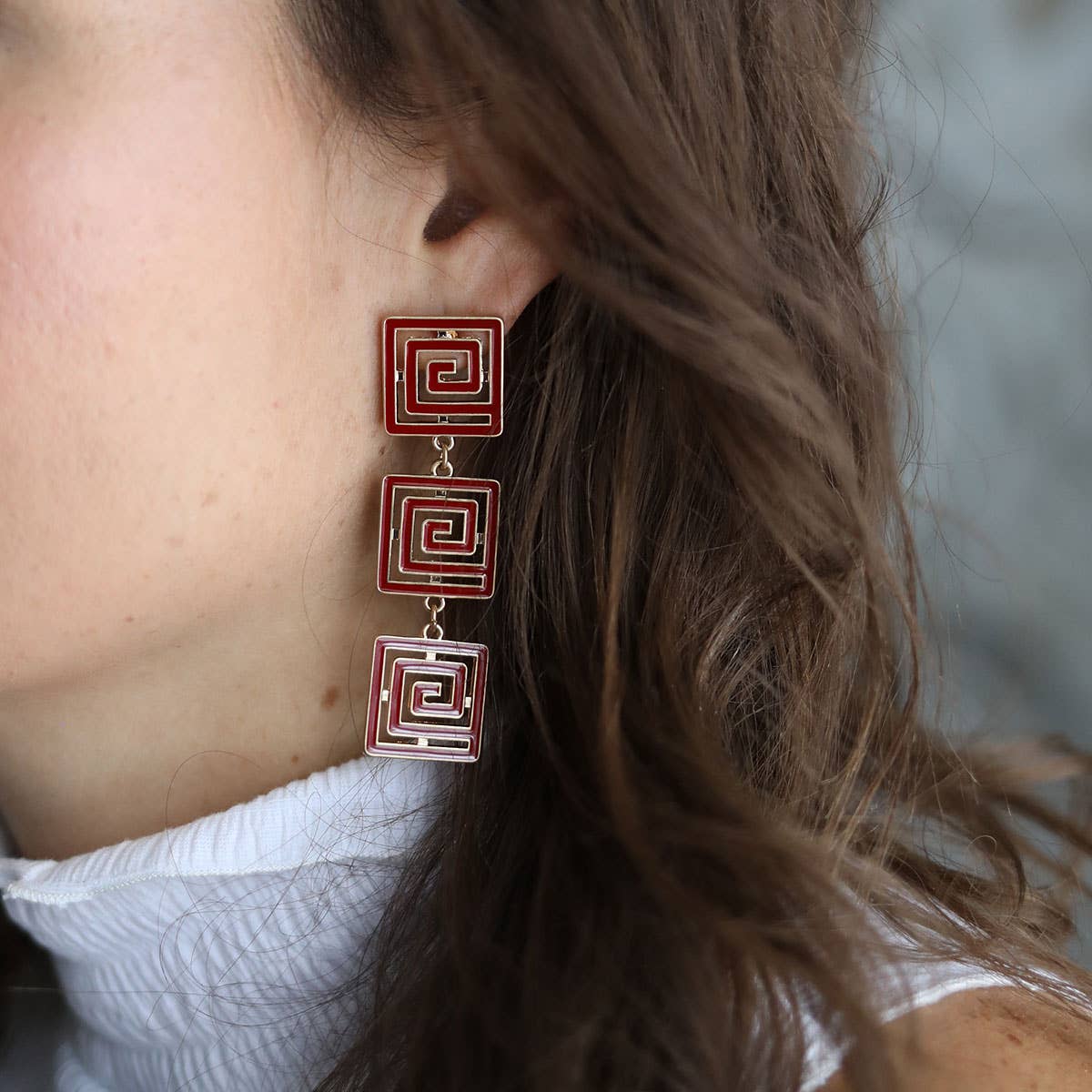 Gretchen Game Day Greek Keys Linked Enamel Earrings: Black by Canvas Style