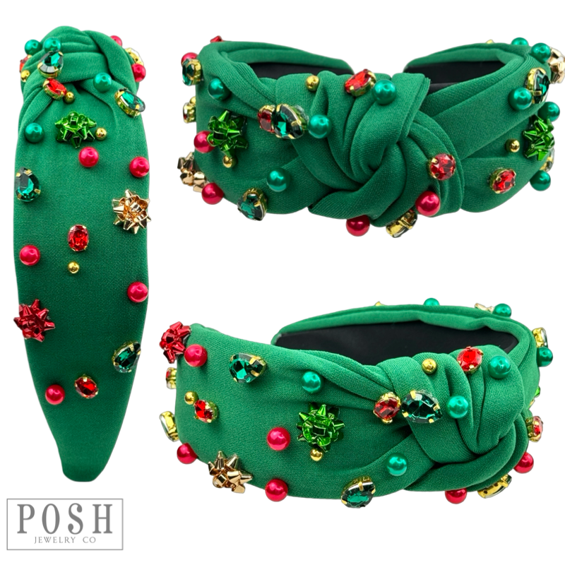 Christmas color rhinestone headband with gift bow and bead charms: Green