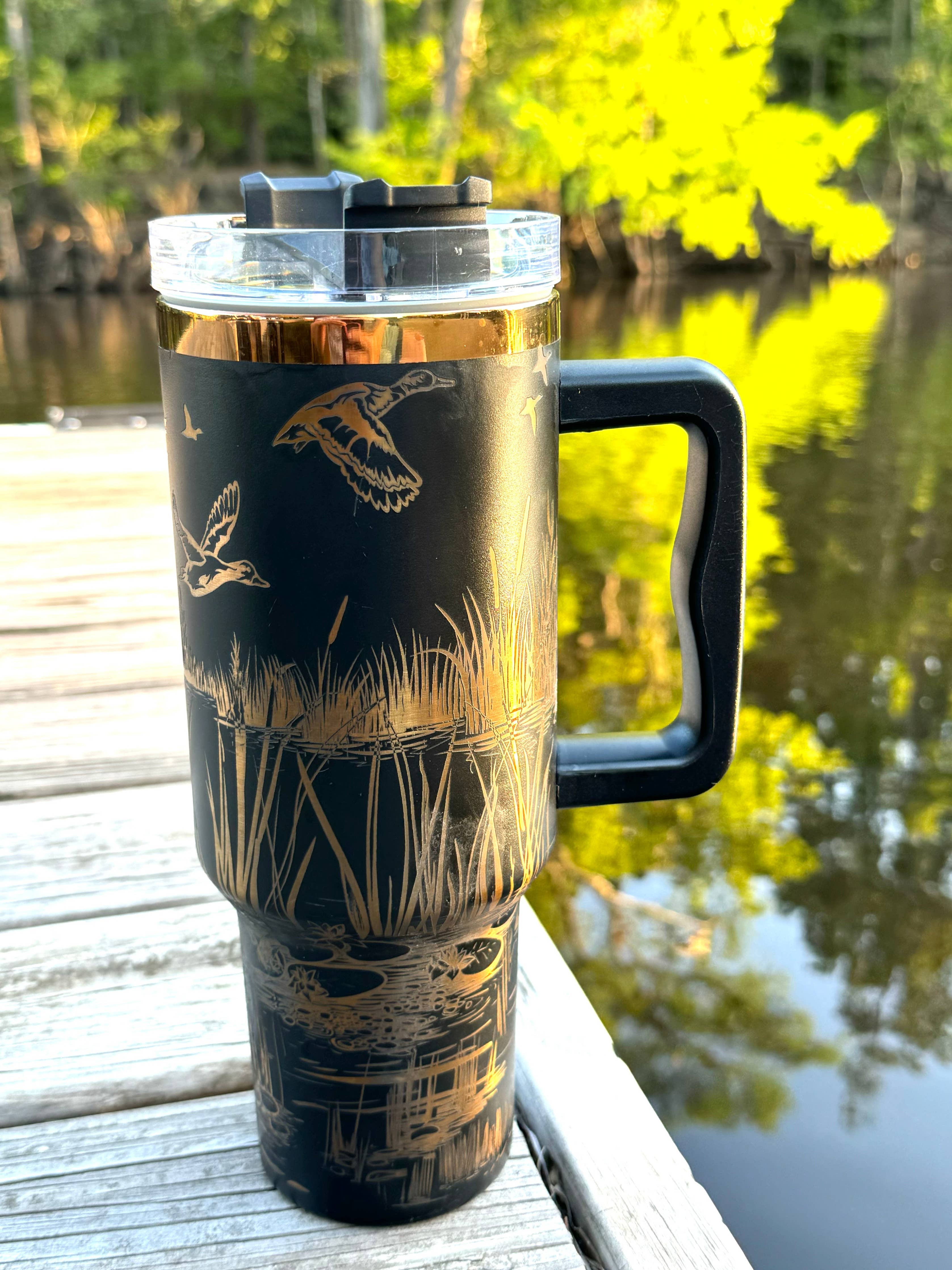 Duck Hunters paradise tumbler | Laser Engraved Wildlife Design | Hot & Cold Drink Insulation | Durable Hunting Gift for Duck Hunters: Black 40 oz tumbler