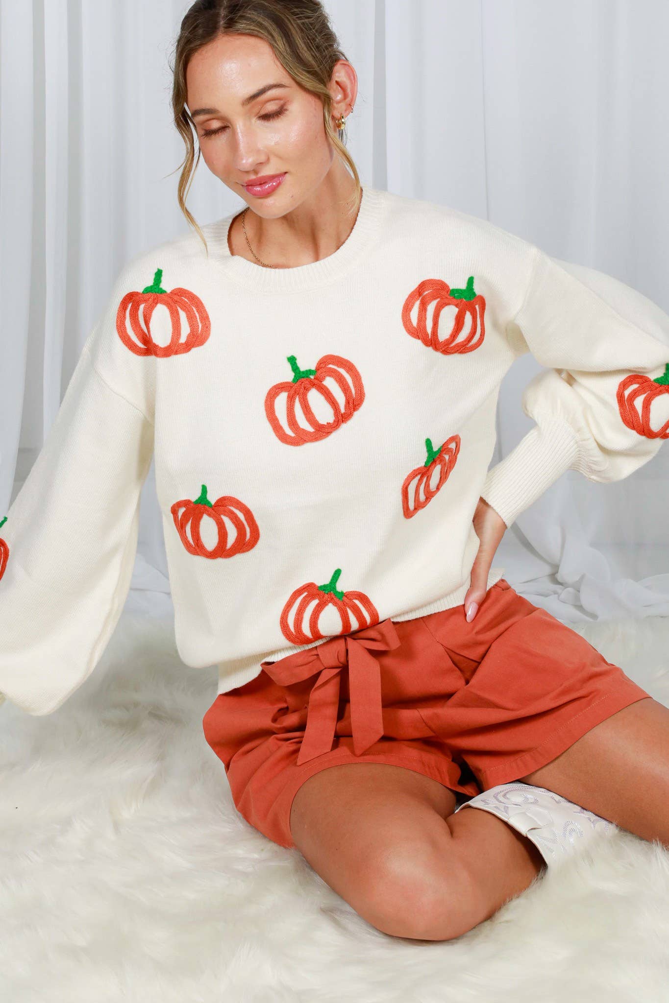Pumpkin Embroidered Crew Neck Knitted Sweater Top VT82559: Pumpkin / L