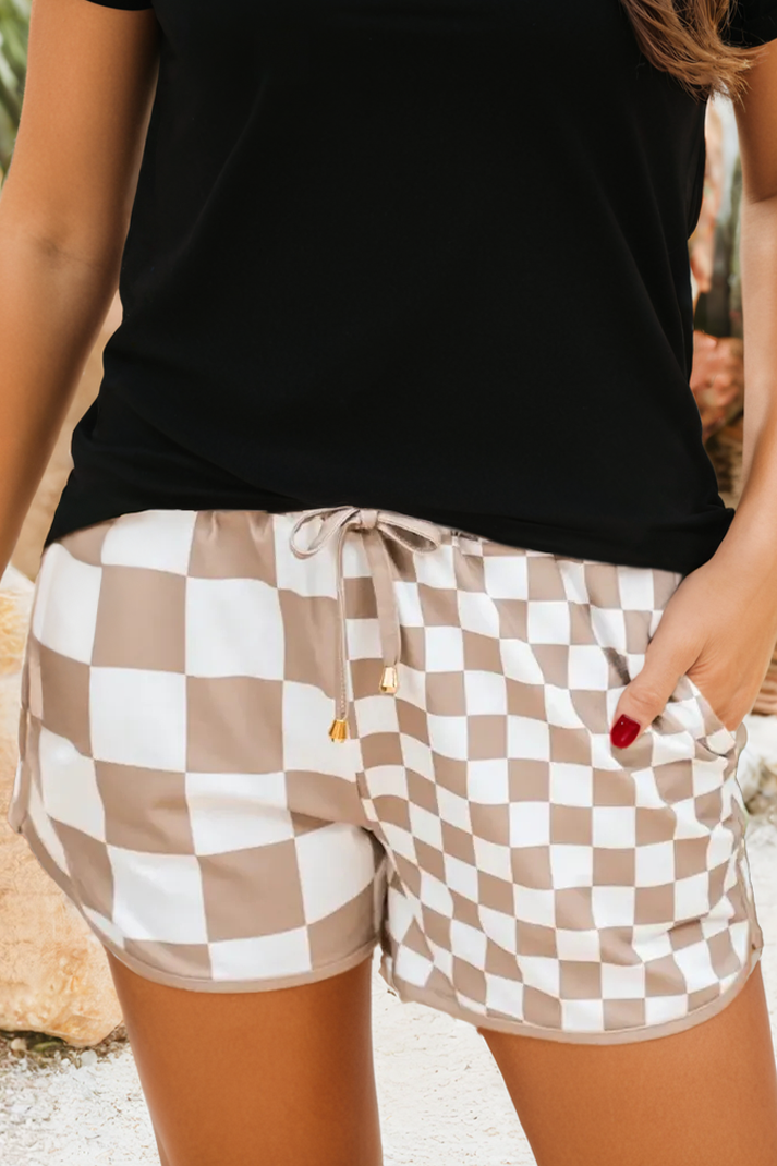 Spring Double Checkered Print Bead Drawstring Casual Shorts: Khaki