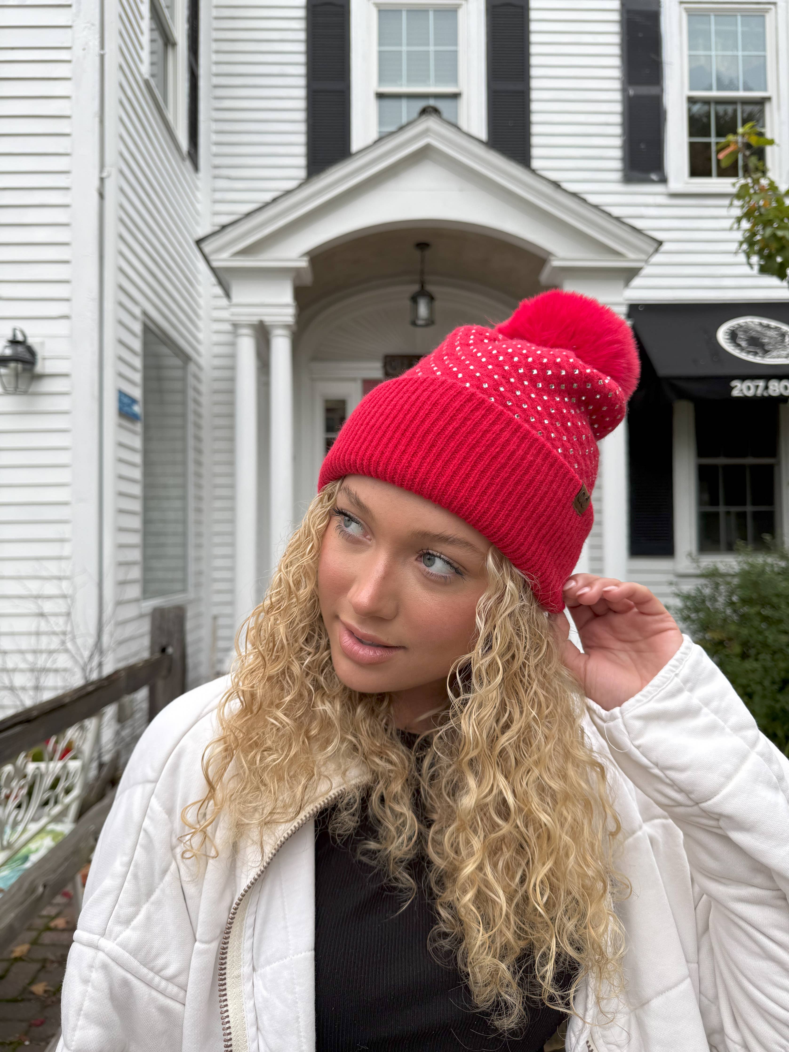 Allover Rhinestone C.C Faux Fur Pom Beanie HTE0101: Grey