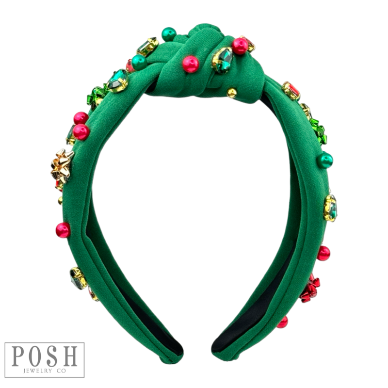Christmas color rhinestone headband with gift bow and bead charms: Green