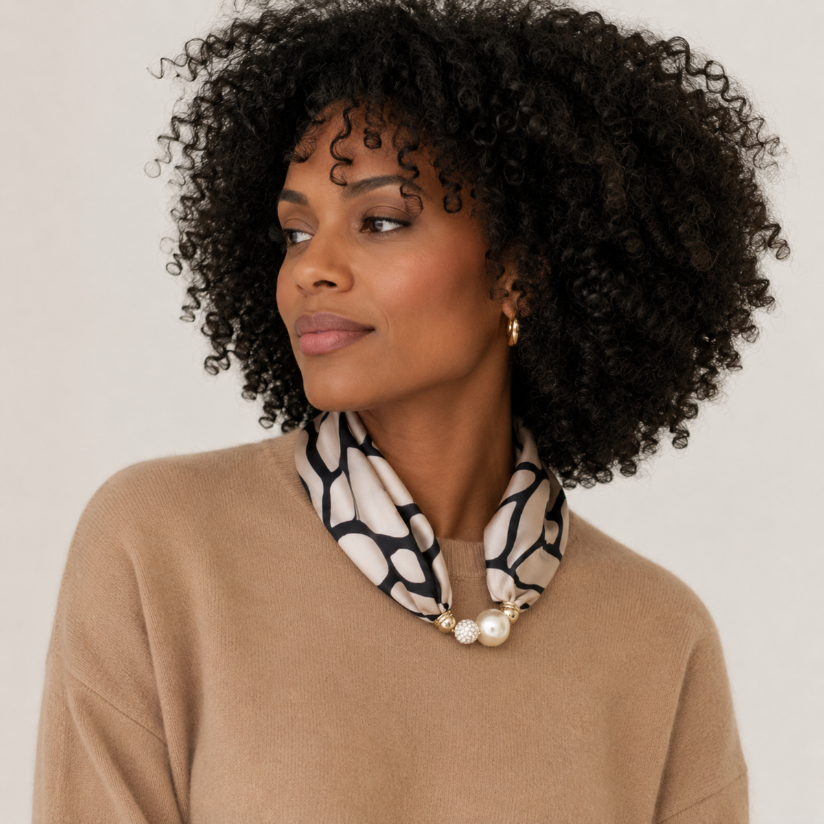 Ellison+Young Satin Twilly Scarf Necklace with Jeweled Magnetic Clasp: Blue Chain Print