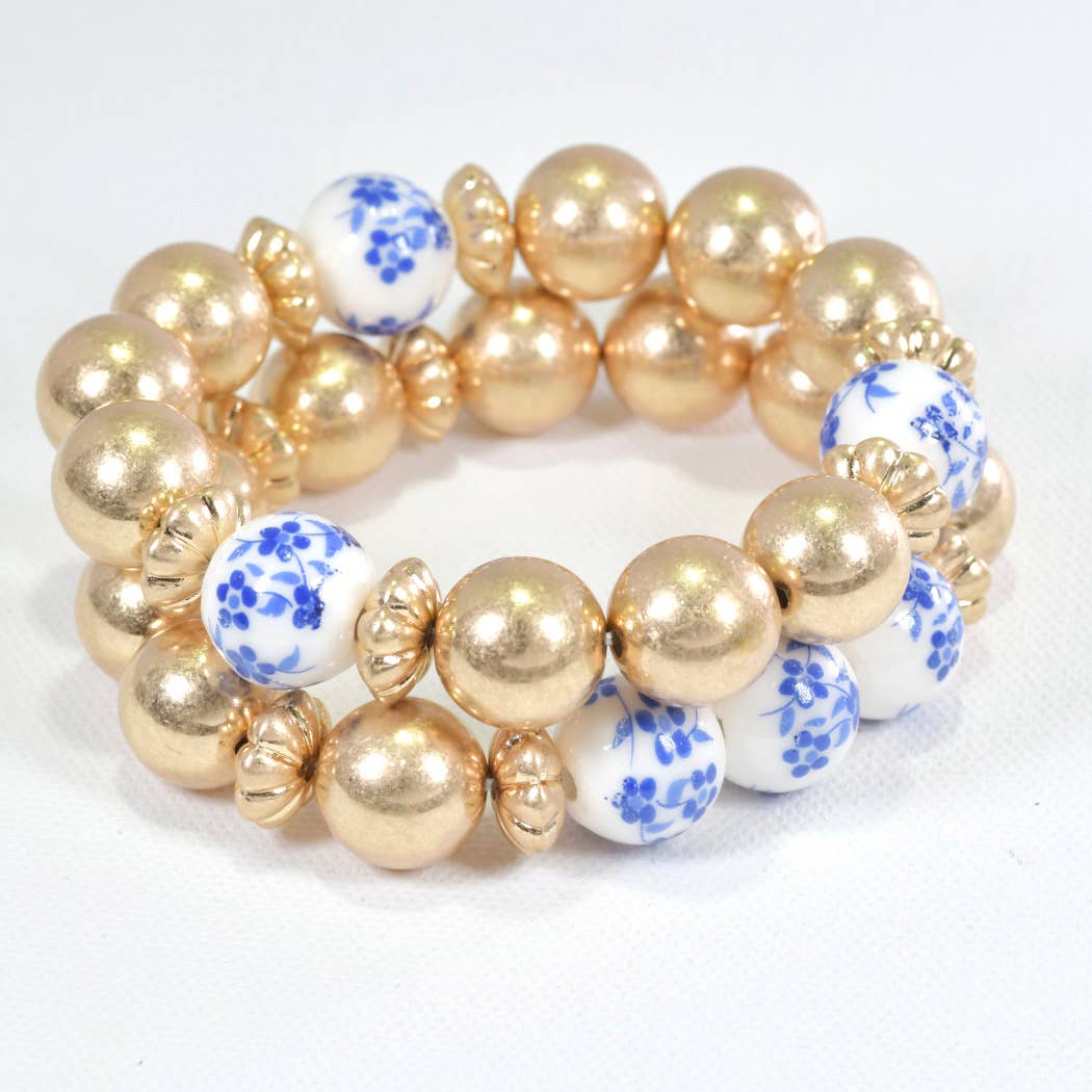 Floral Ceramic Ball Bead Multi Layered Bracelet: MAT GOLD / ONE SIZE