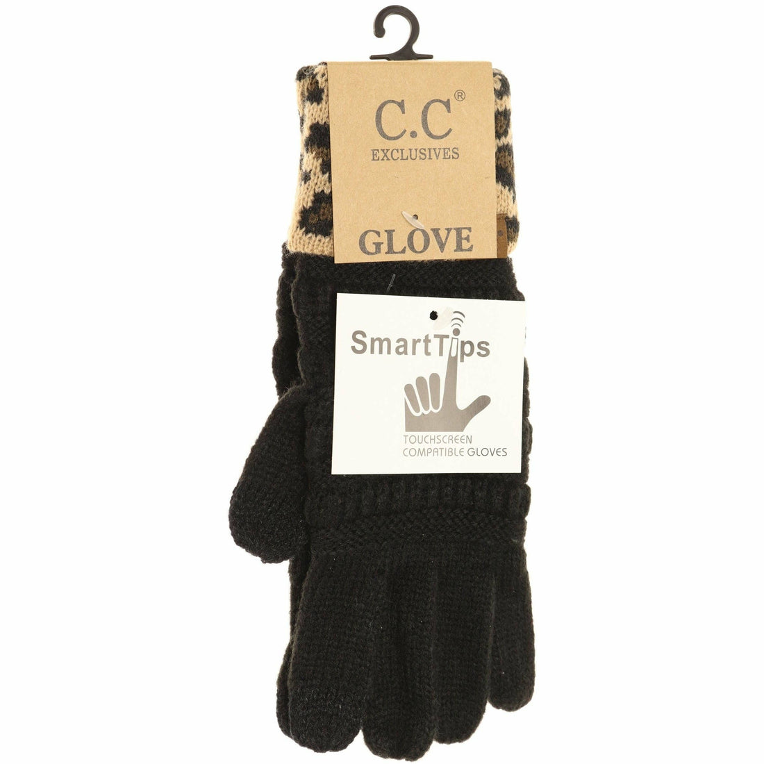 Solid Cable Knit Leopard Cuff CC Gloves G80: Black