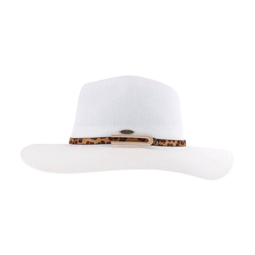 Knit Leopard Buckle Band C.C Panama Hat White