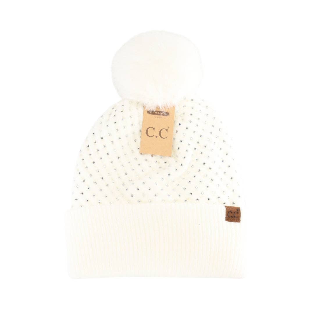 Allover Rhinestone C.C Fur Pom Beanie Black