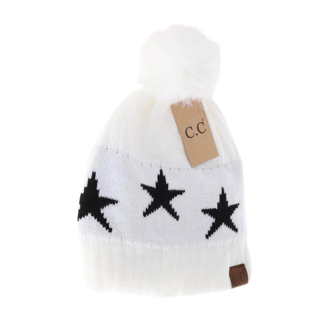 Star Print Pom C.C Beanie HAT4023: White