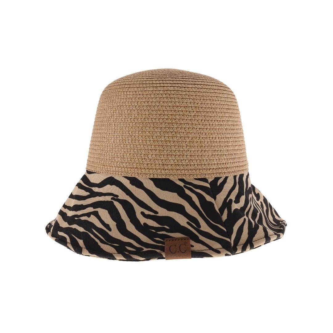 Zebra Print Straw Cloche C.C Sun Hat: Dk. Natural