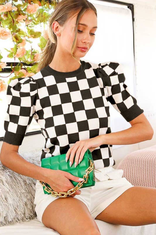 Crew Neck Short Puff Sleeve Checkerboard Sweater Top VT81345: RUST / L