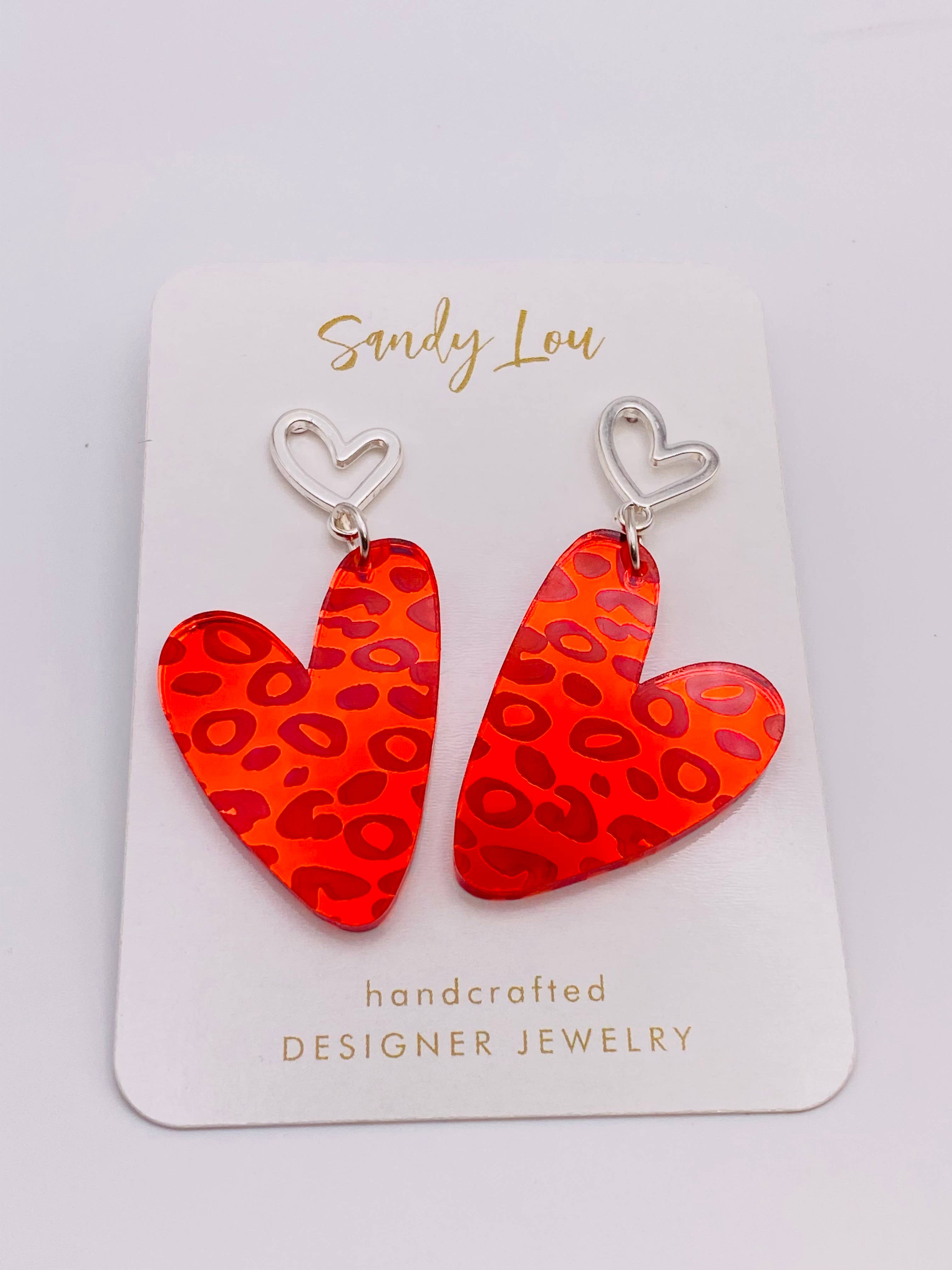 VALENTINE LEOPARD SILVER HEART RED MIRROR EARRINGS