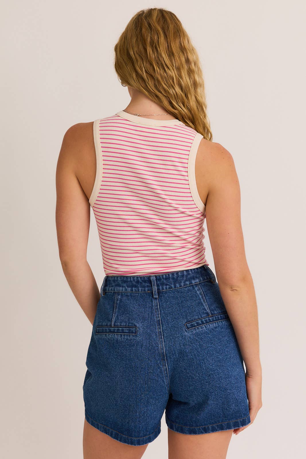 ROUND NECK SLEEVELESS STRIPE BODYSUIT: OLIVE-NAVY STRIPE / M