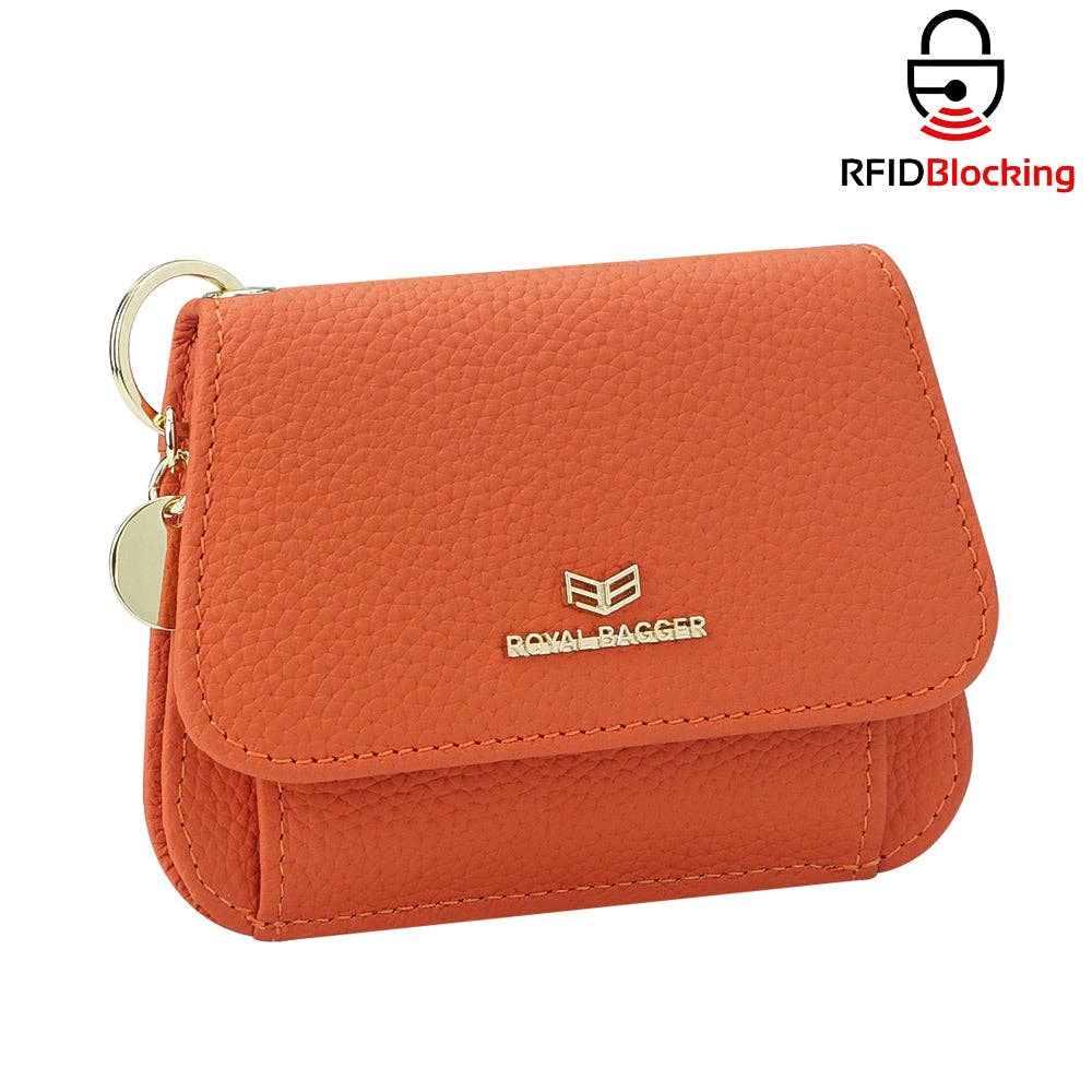 Genuine Leather RFID Keychain Wallet: Orange
