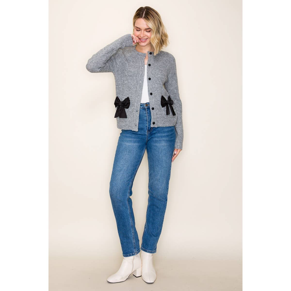 BOW ACCENTED BUTTON DOWN SWEATER CARDIGAN: GREY