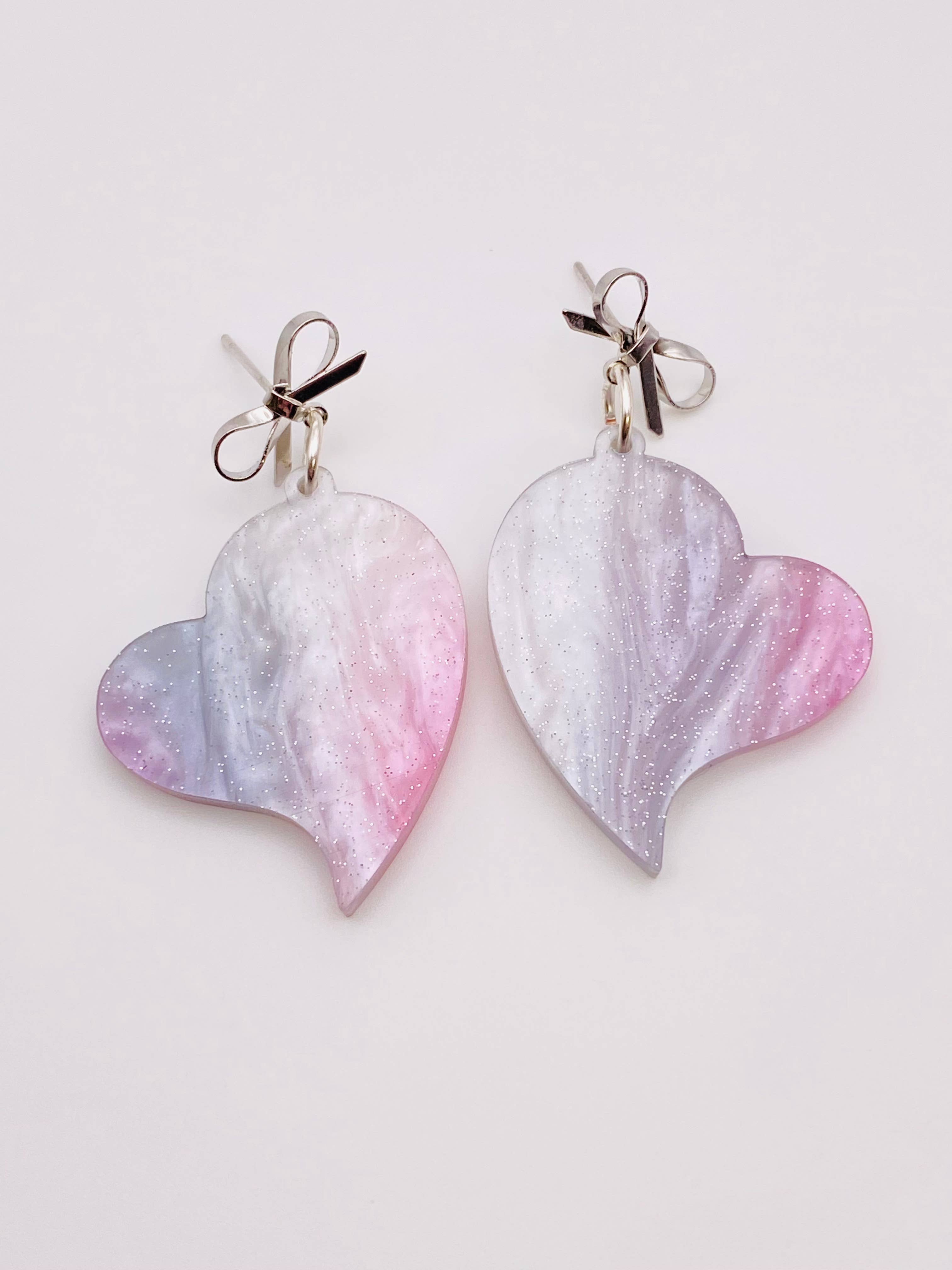 VALENTINE PINK SHIMMER WITH SILVER BOW HEART EARRINGS