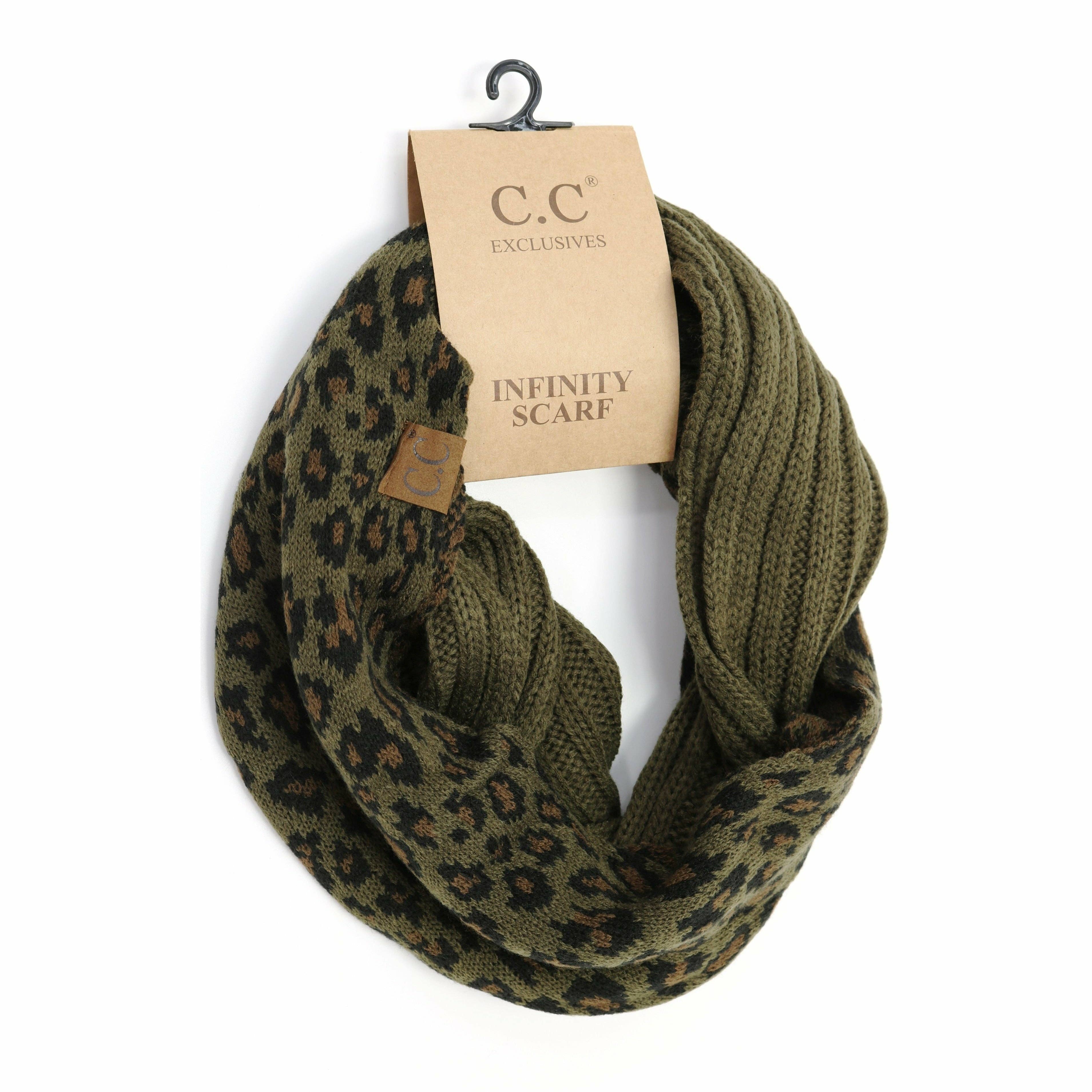 Ribbed Knit Leopard Accent CC Infinity Scarf SF80: Black