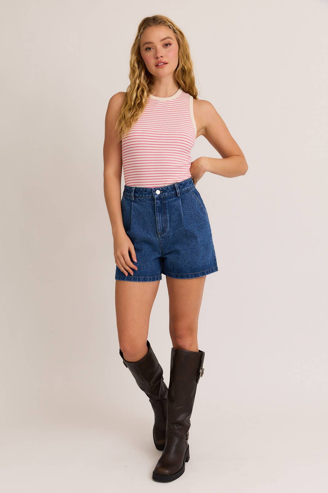 ROUND NECK SLEEVELESS STRIPE BODYSUIT: OLIVE-NAVY STRIPE / S