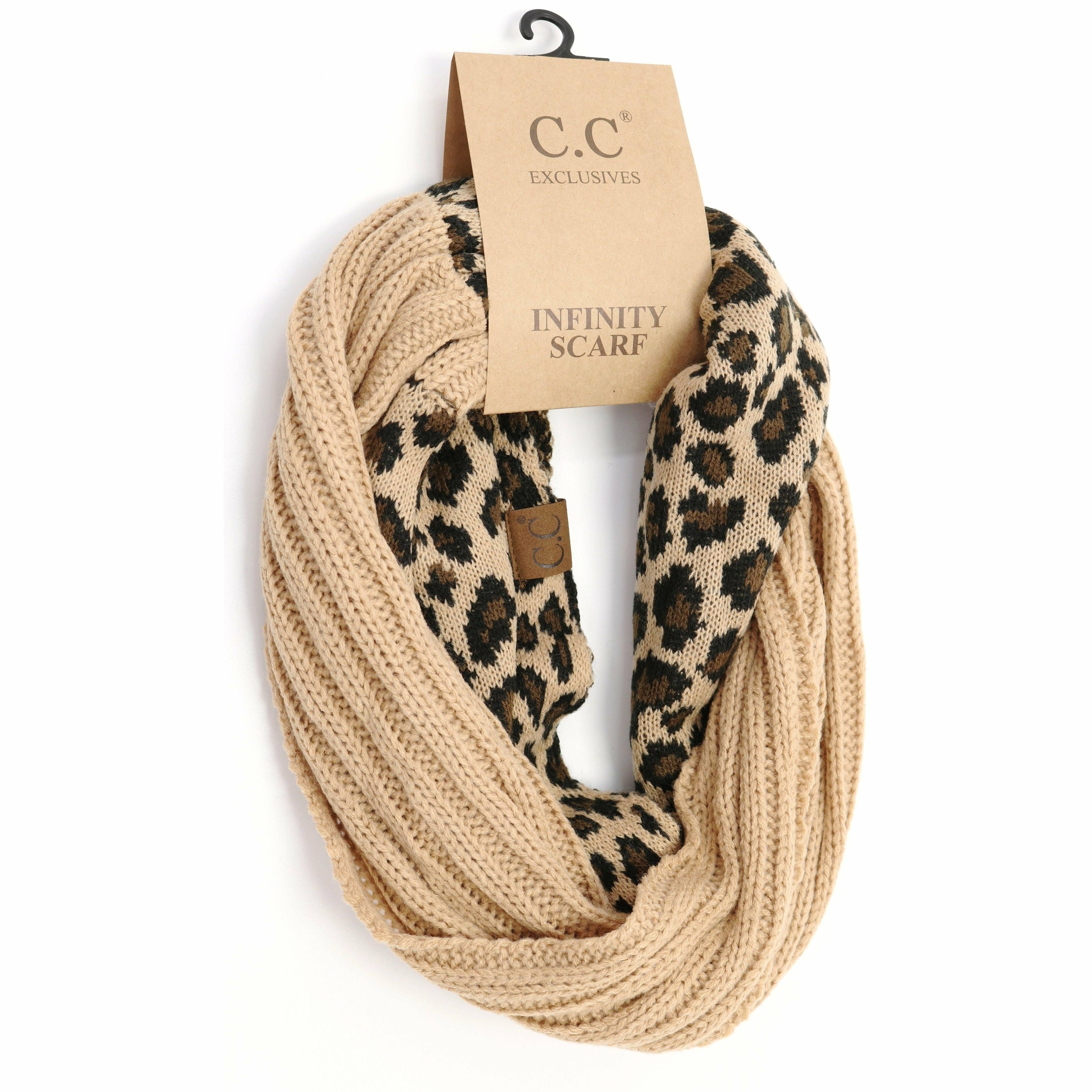 Ribbed Knit Leopard Accent CC Infinity Scarf SF80: Black